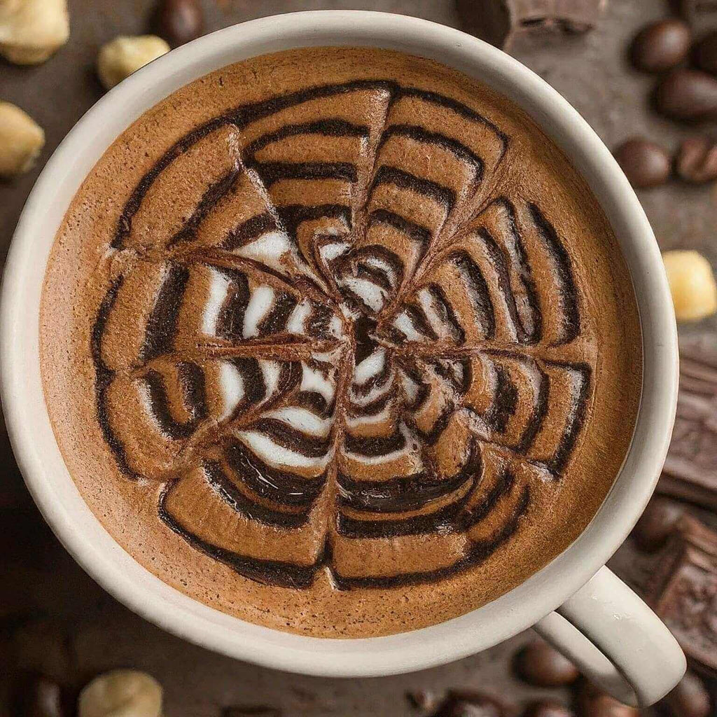 Cup of coffee with intricate latte art surrounded by coffee beans and hazelnuts.