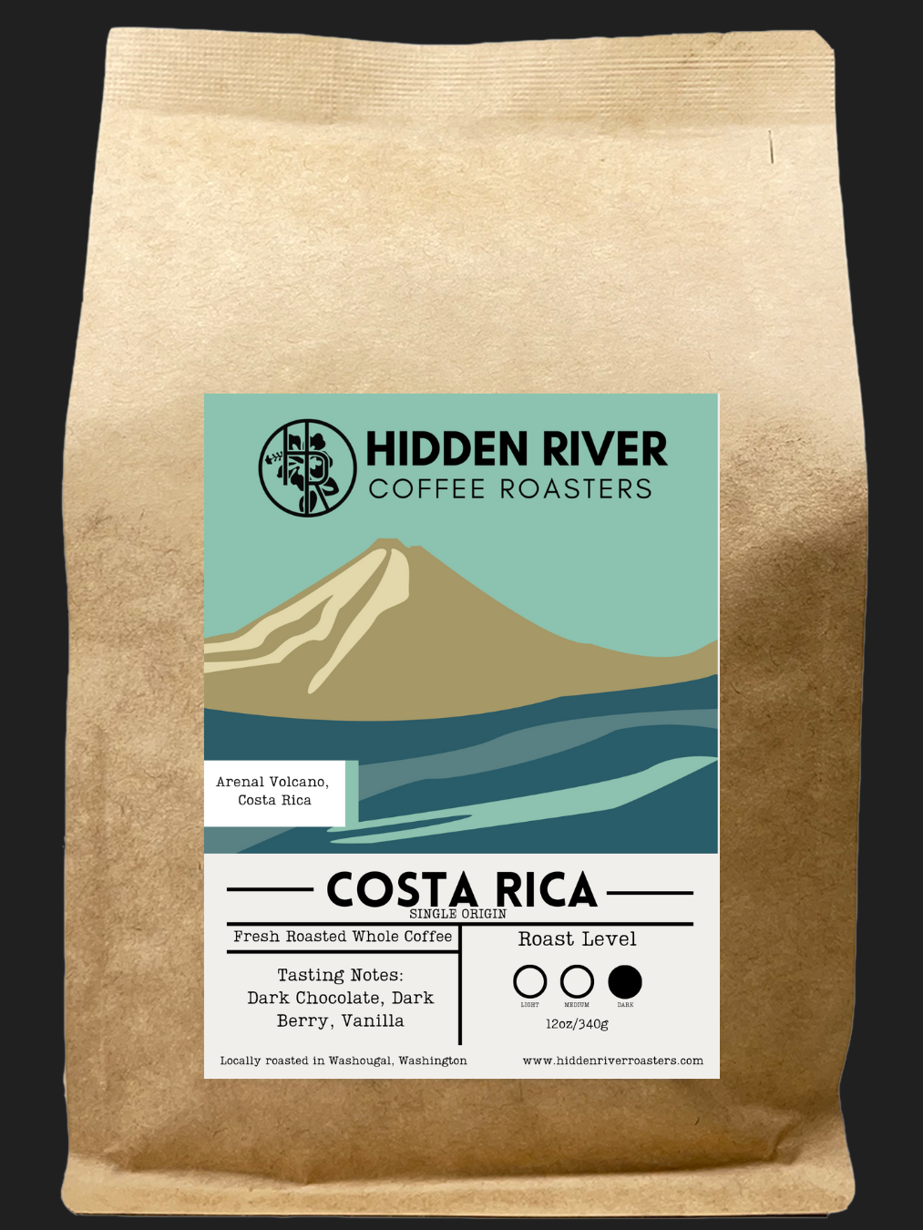 Coffee bag with Hidden River Coffee Roasters label on a black background