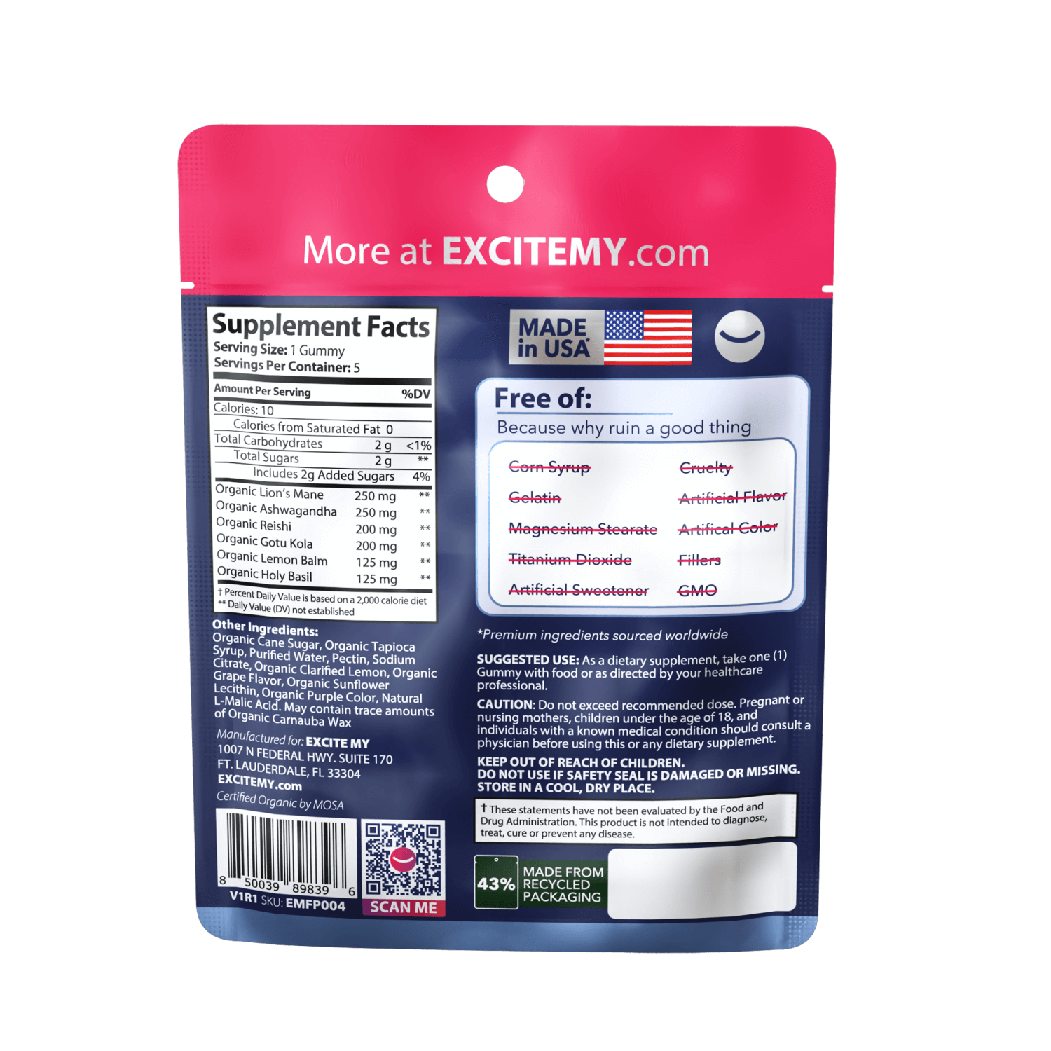 Supplement package with a pink top and blue back displaying text and logos.
