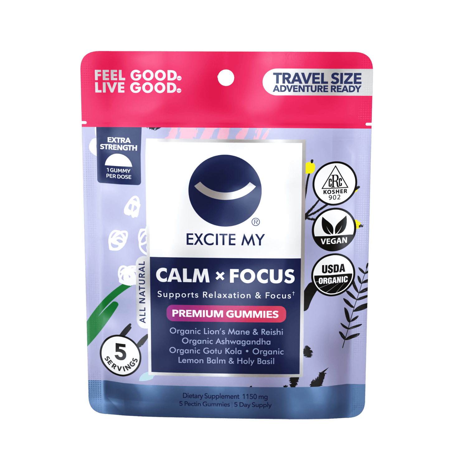Package of Excite My Calm & Focus gummies with branding and product details on a black background.