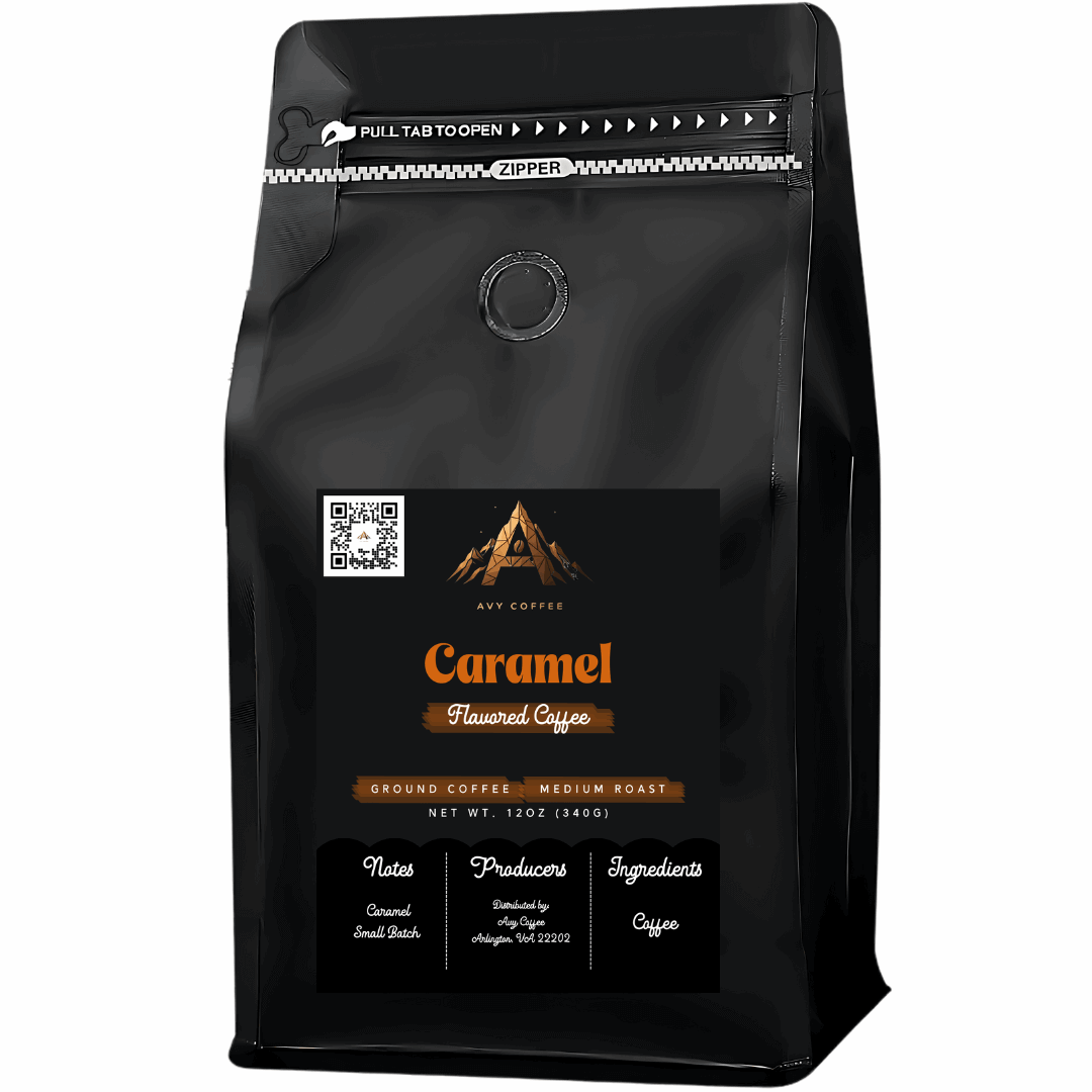 Black coffee bag with 'Caramel Flavored Coffee' label on a white background