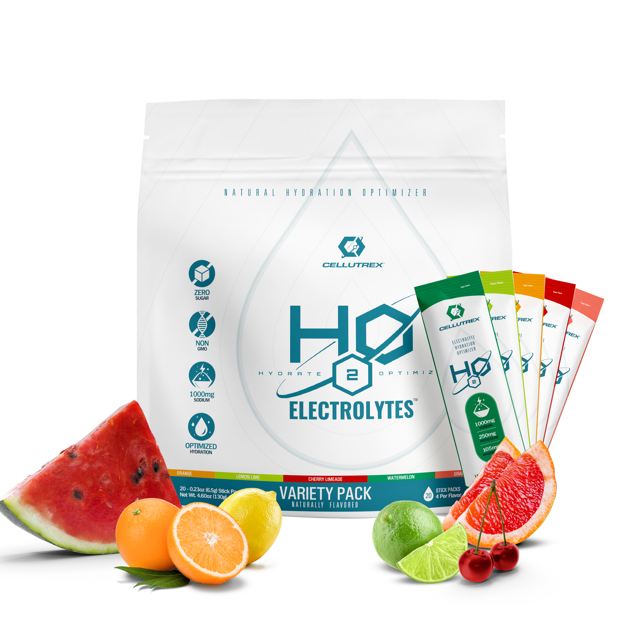 Cellutex H2O Electrolytes packaging with fruit slices on a white background