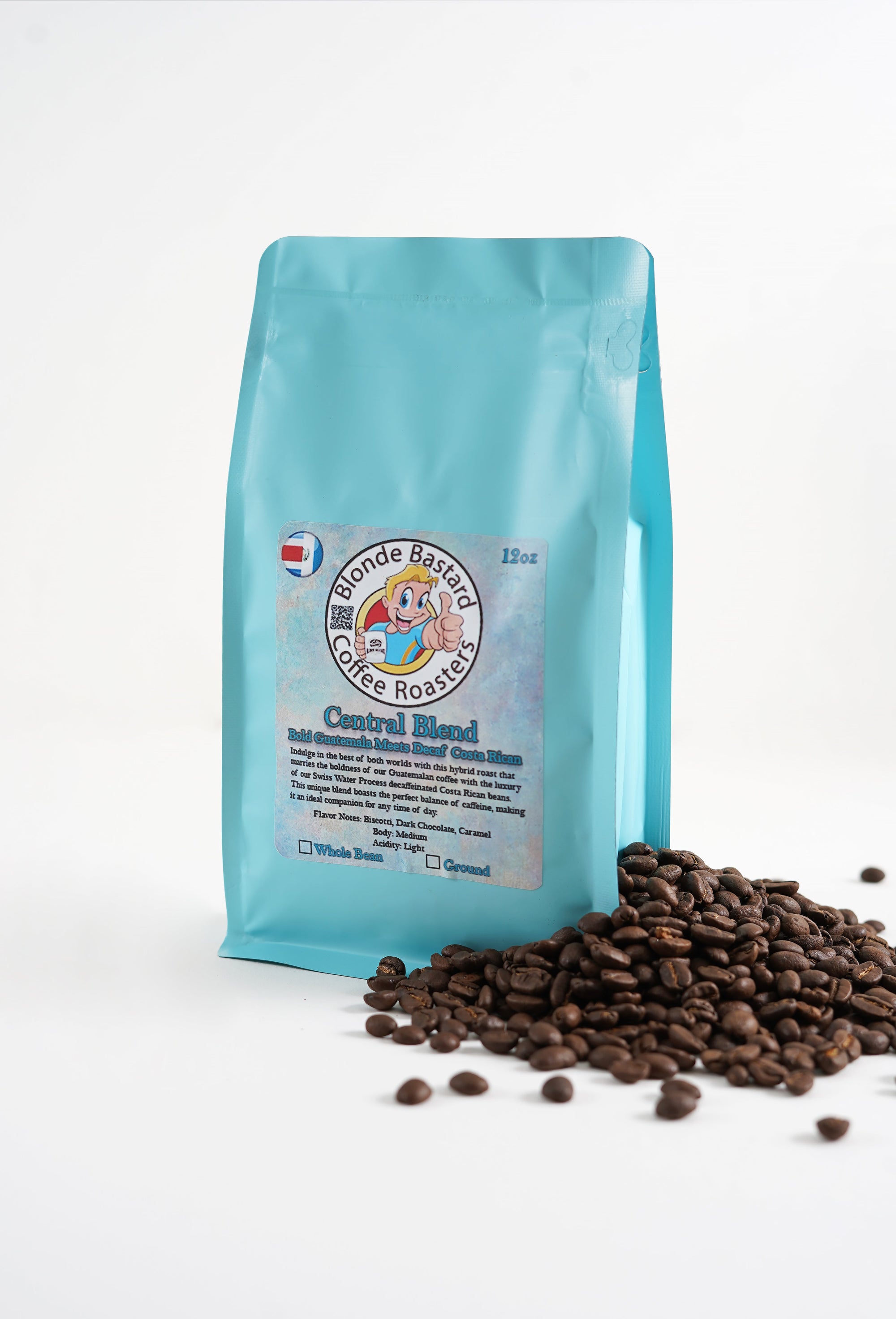 Blue coffee bag with a brand logo and text, accompanied by coffee beans on a white background