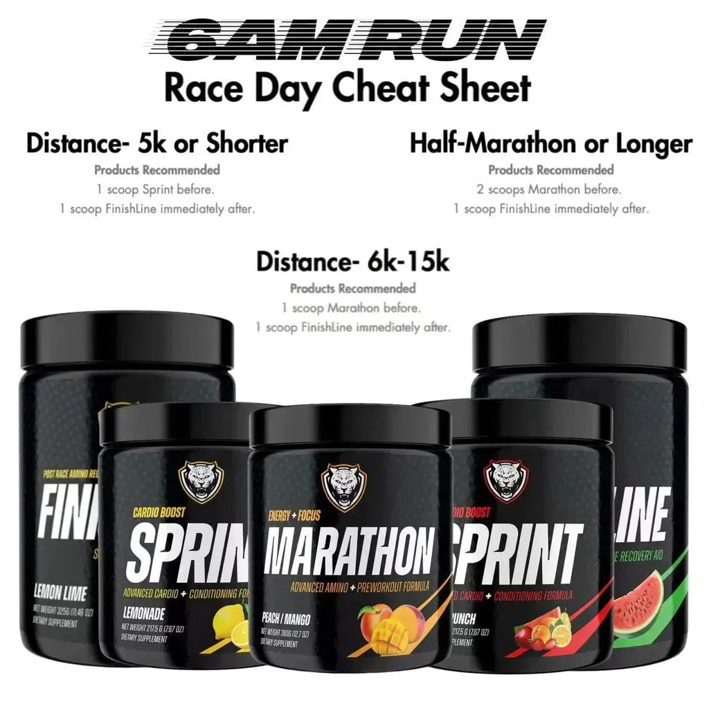 GAM RUN supplement containers with product recommendations for different running distances on a white background.