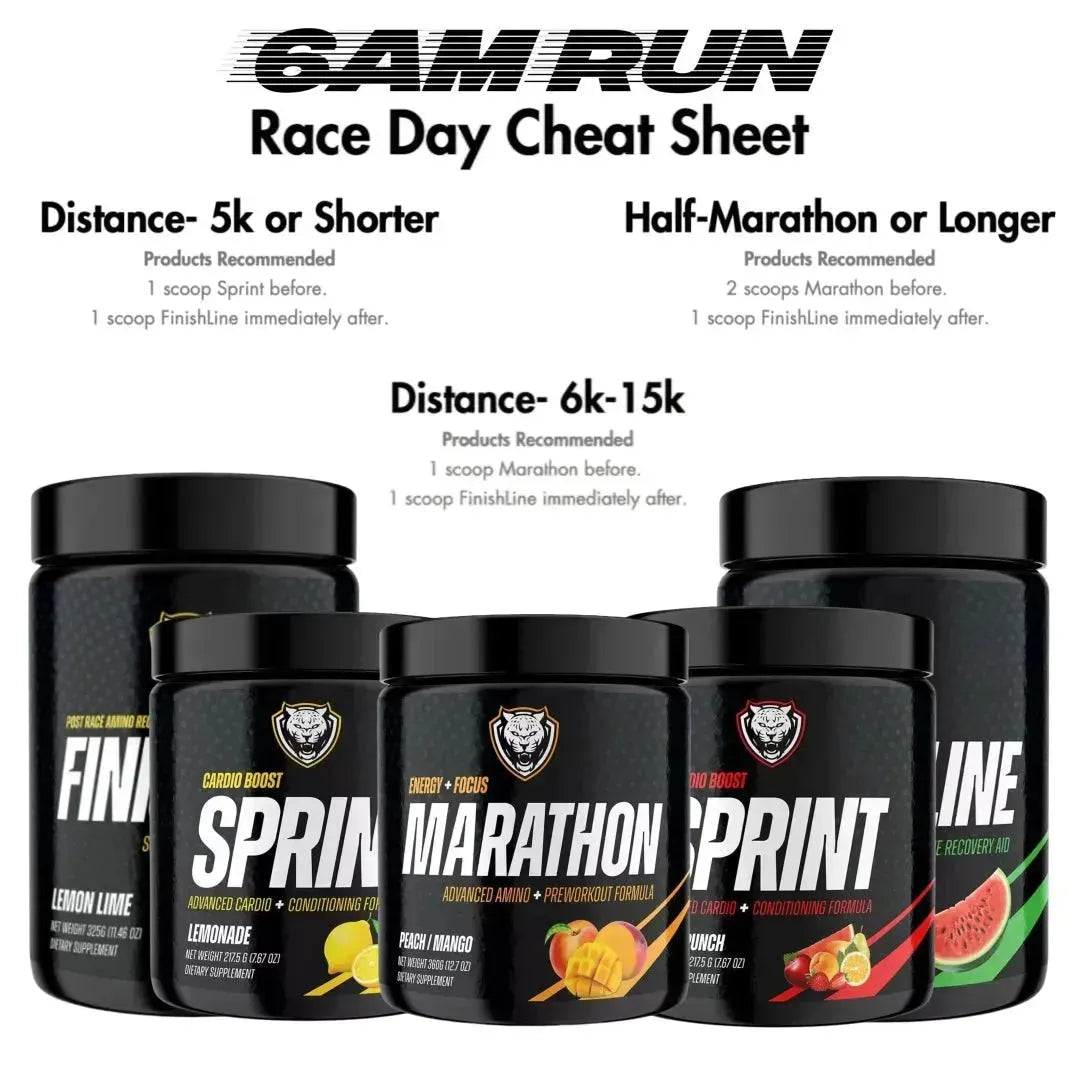 GAM RUN supplement containers with product recommendations for different running distances on a white background.