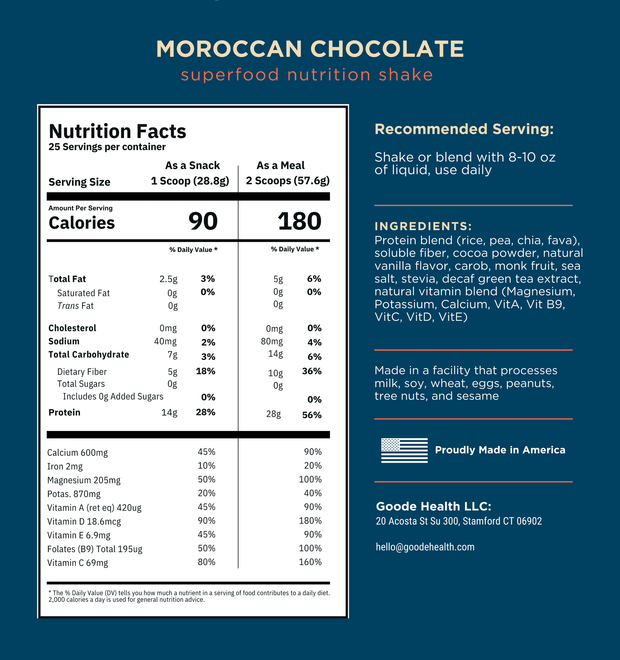 Nutrition label for Moroccan Chocolate superfood nutrition shake with serving size, calories, and ingredients listed.