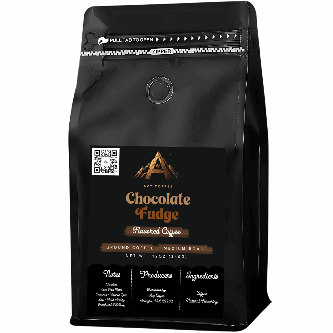 Black coffee bag with 'Chocolate Fudge' flavor label on a white background