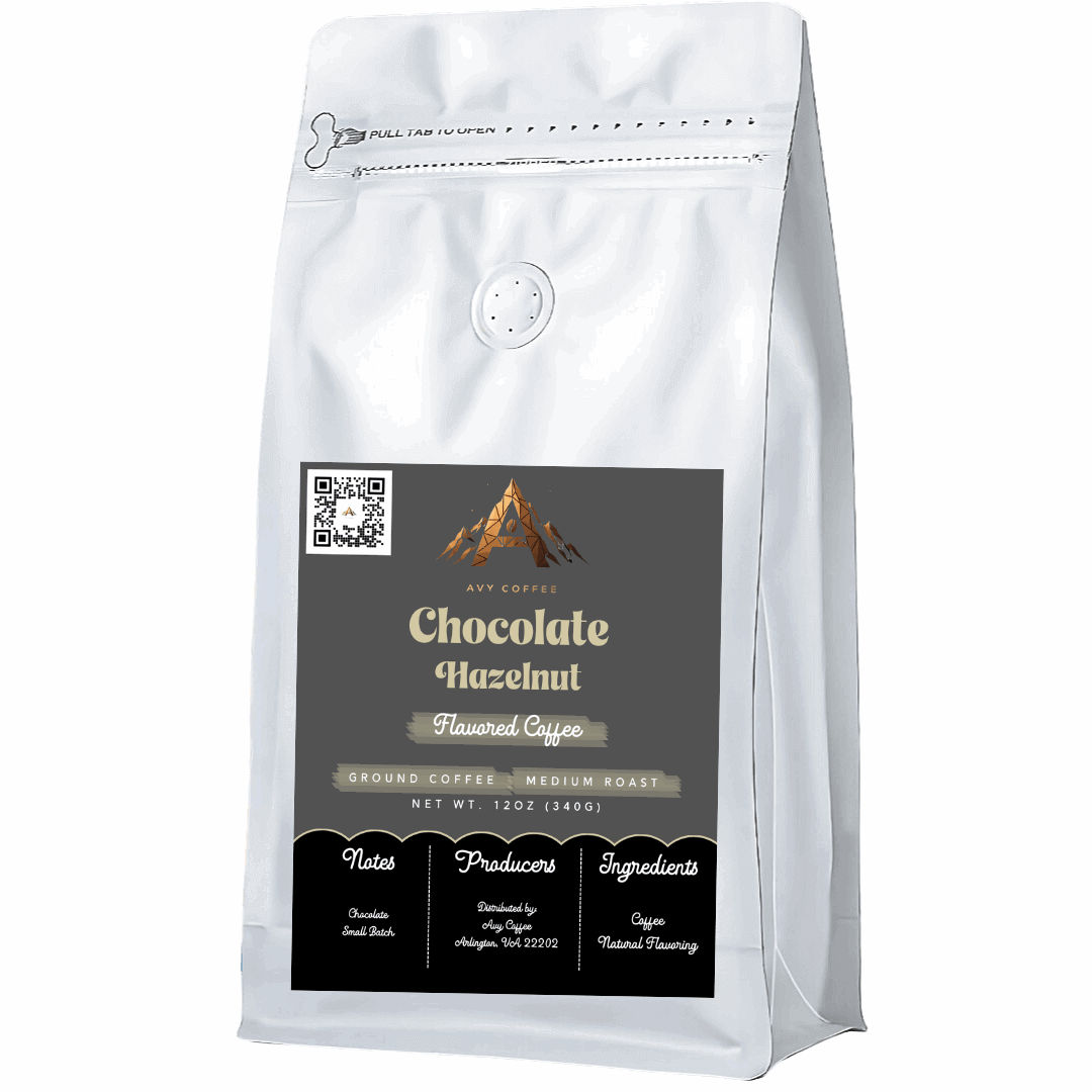 White coffee bag with a label for chocolate hazelnut flavored coffee on a white background