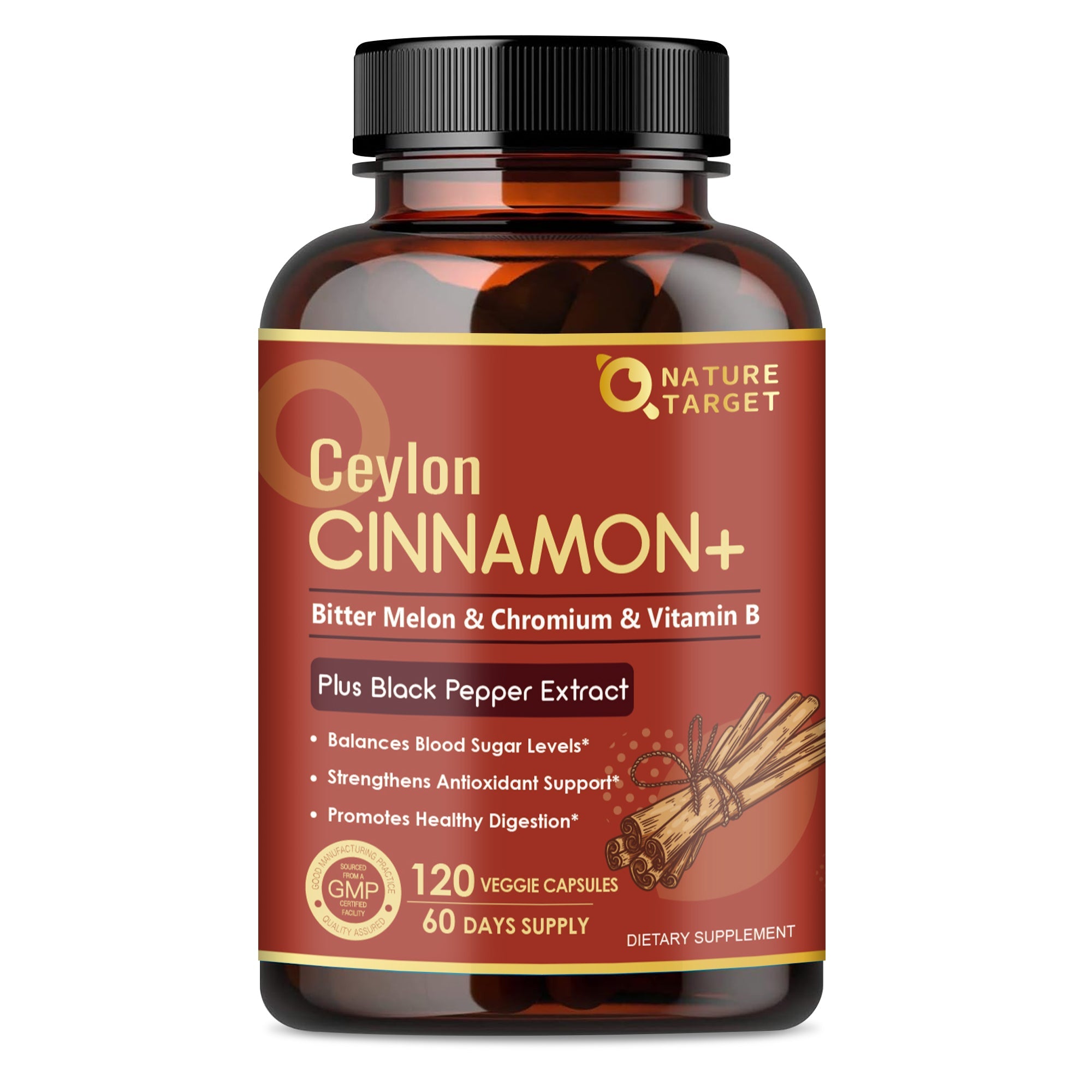 Supplement bottle labeled 'Ceylon Cinnamon+' with branding on a white background