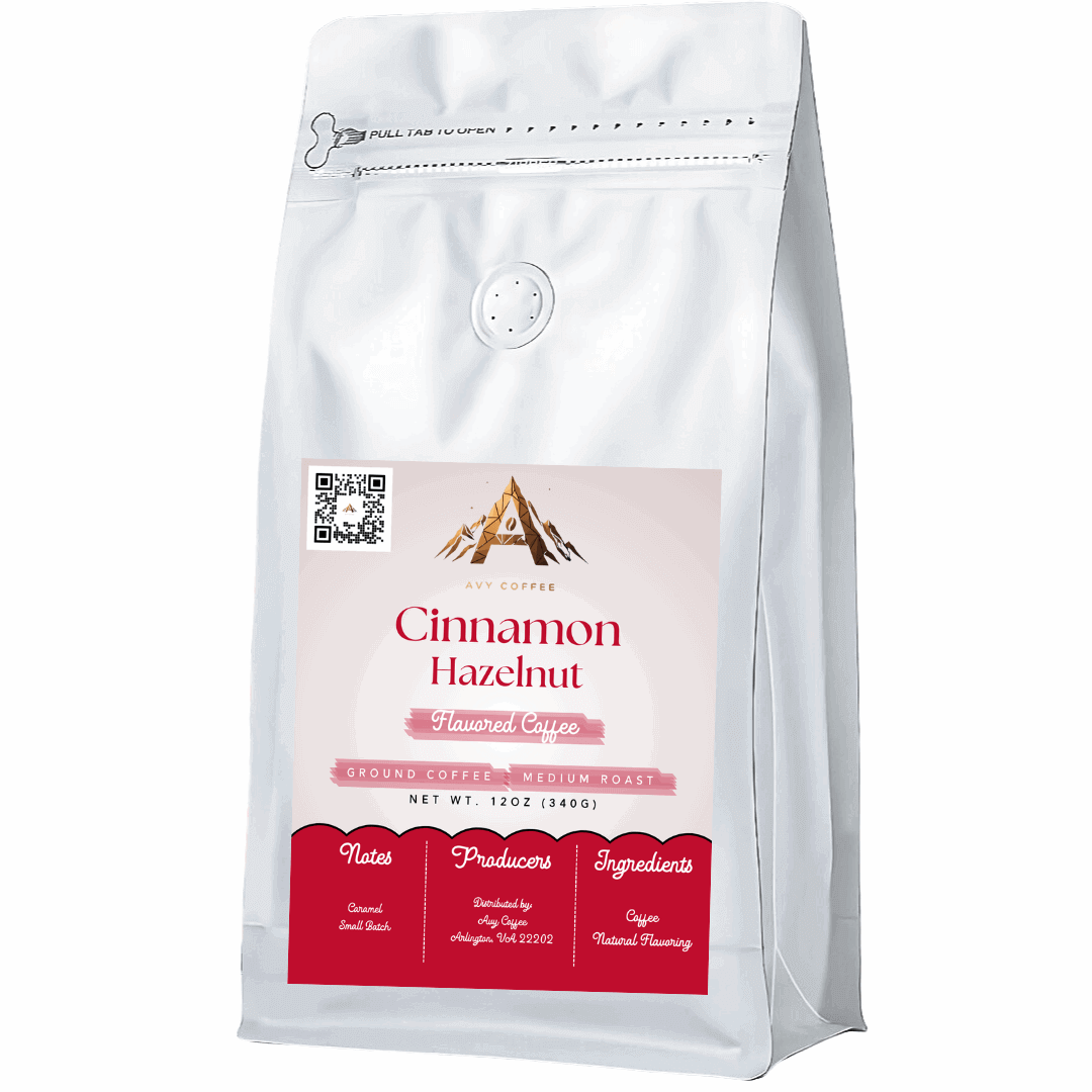 White coffee bag with red label featuring 'Cinnamon Hazelnut' flavor on a white background