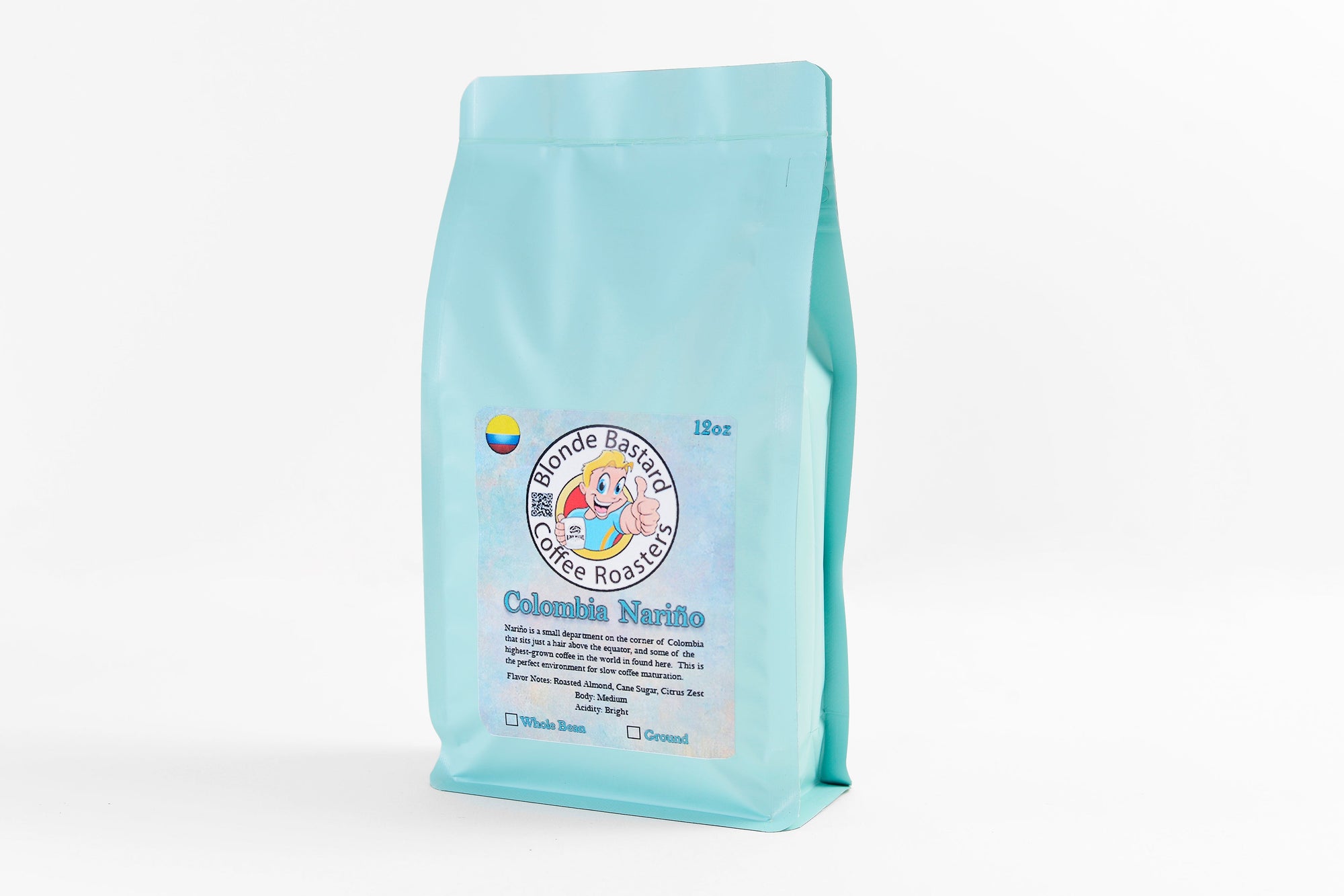 Turquoise coffee bag with a logo and text on a white background