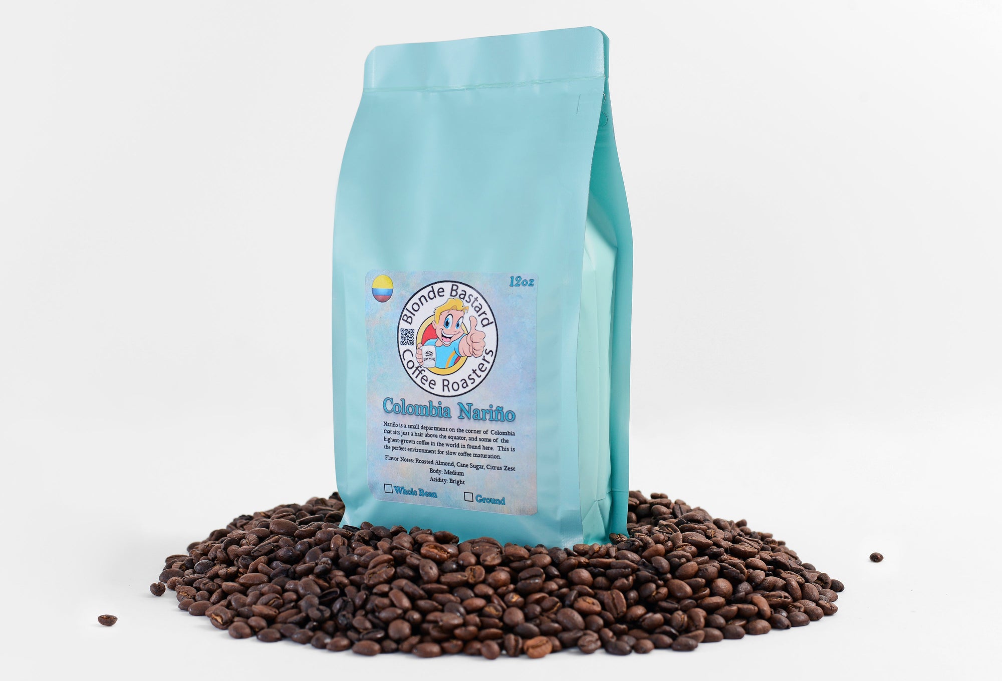 Turquoise coffee bag labeled 'Bonde Roasters' with coffee beans on a white background