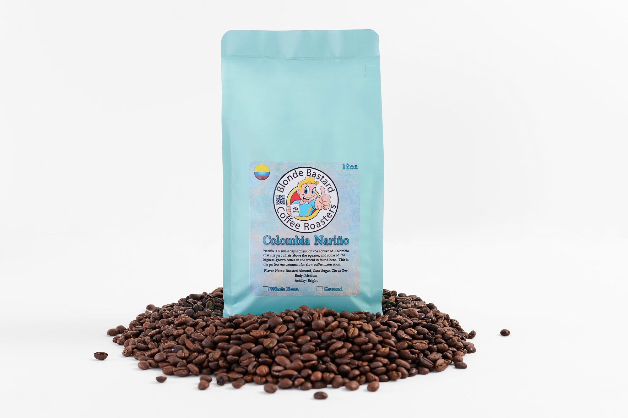 Coffee bag with coffee beans on a white background