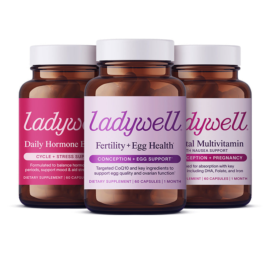 Three Ladywell supplement bottles on a white background