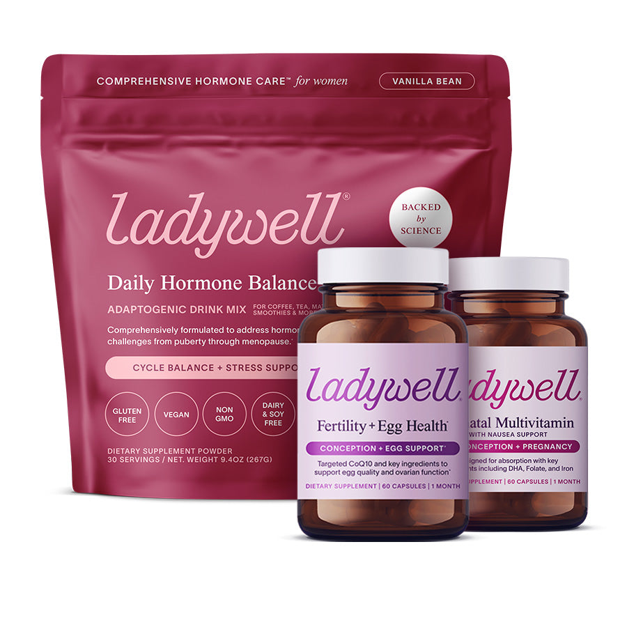 Ladywell hormone balance products including a drink mix and supplement bottles on a white background