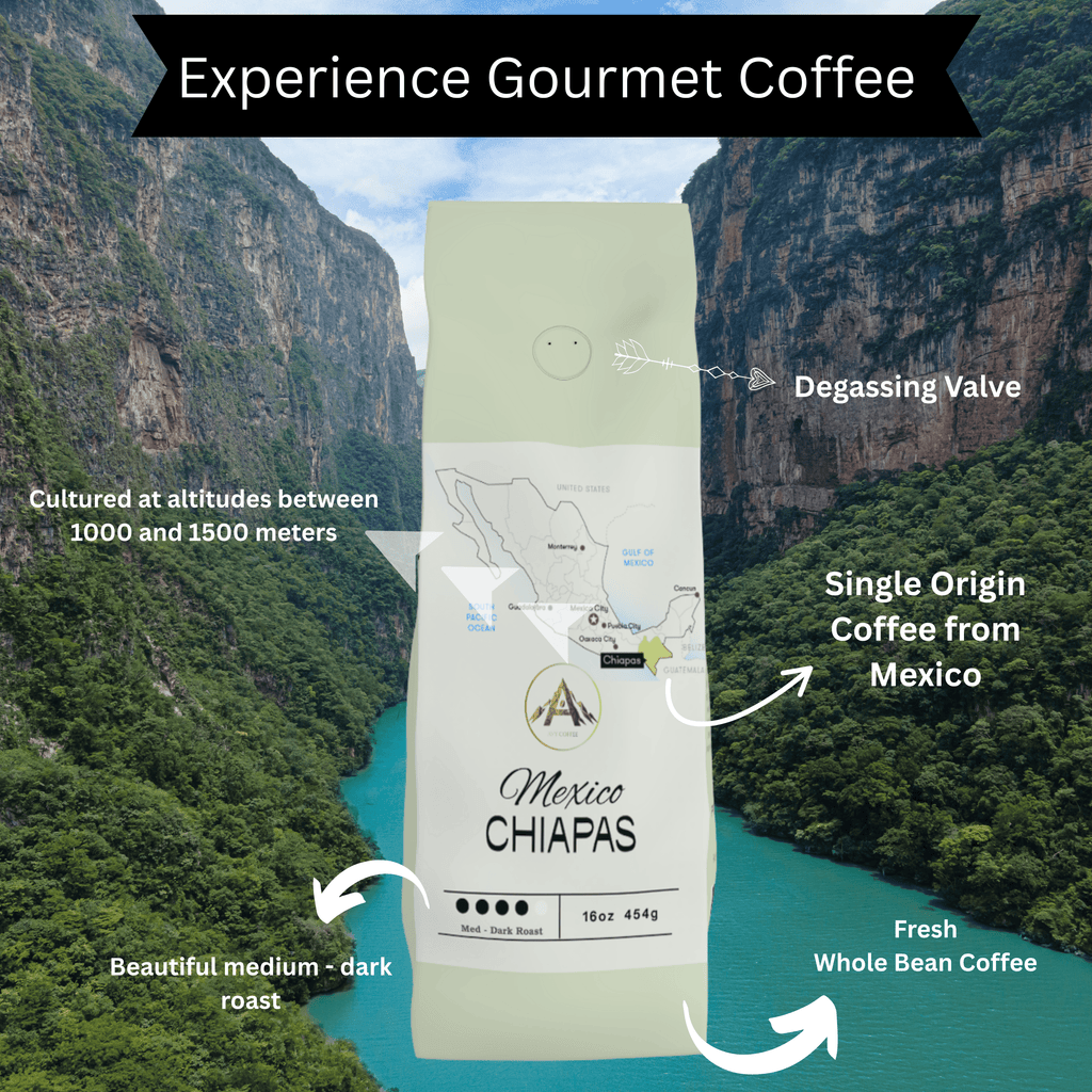 Coffee bag with Chihuahua map design against a scenic background