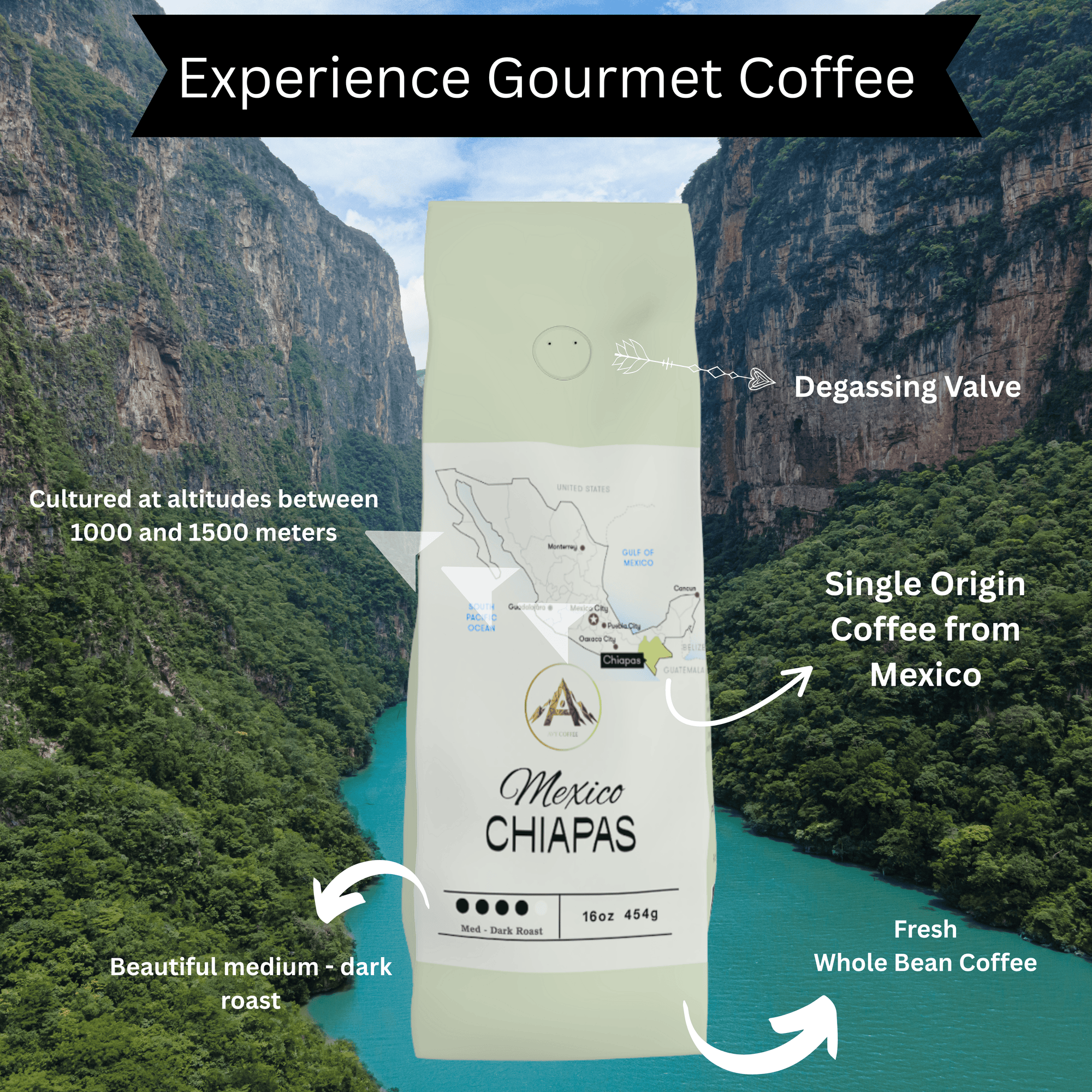 Coffee bag with Chihuahua map design against a scenic background