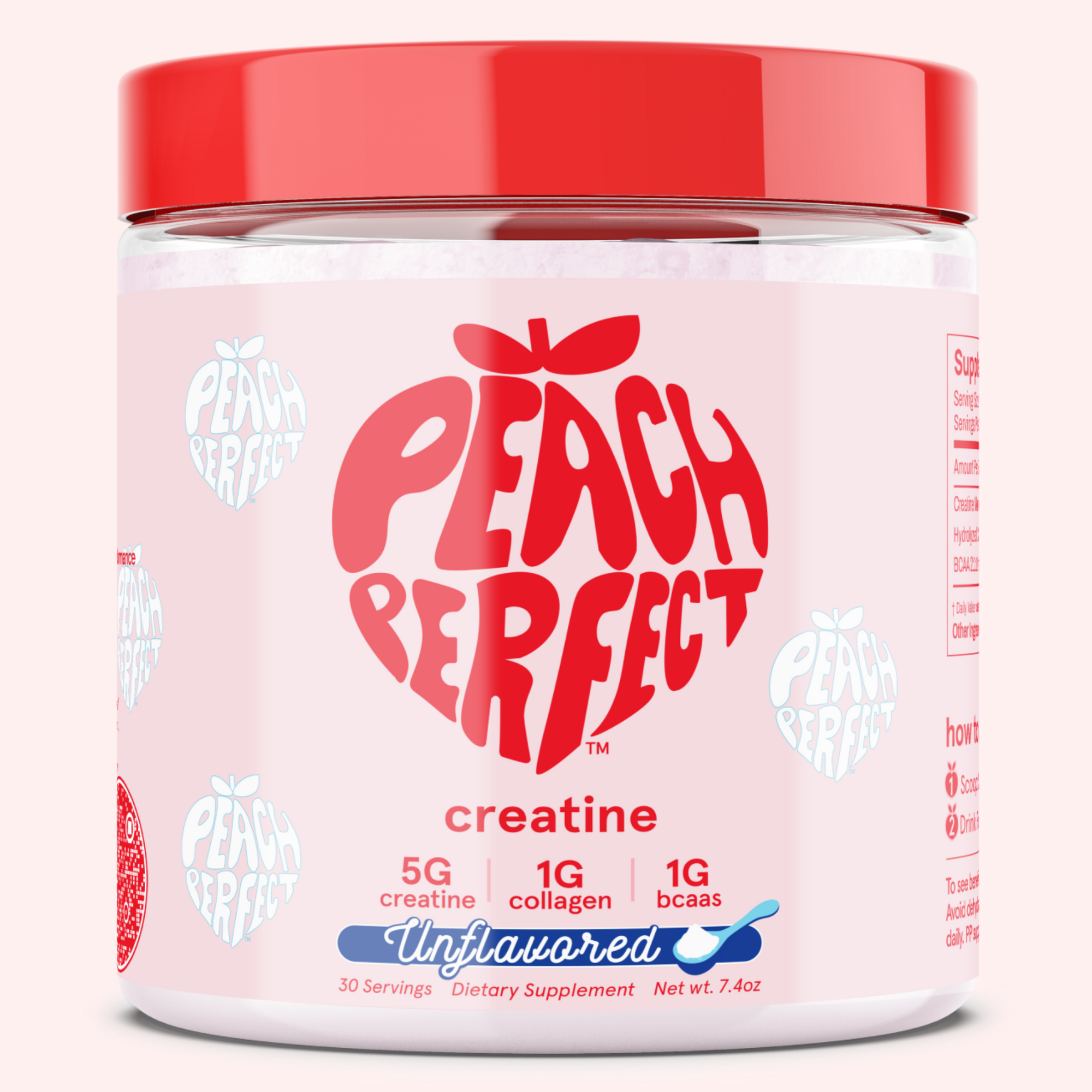 Peach Perfect creatine supplement container with red lid and white body on a white background