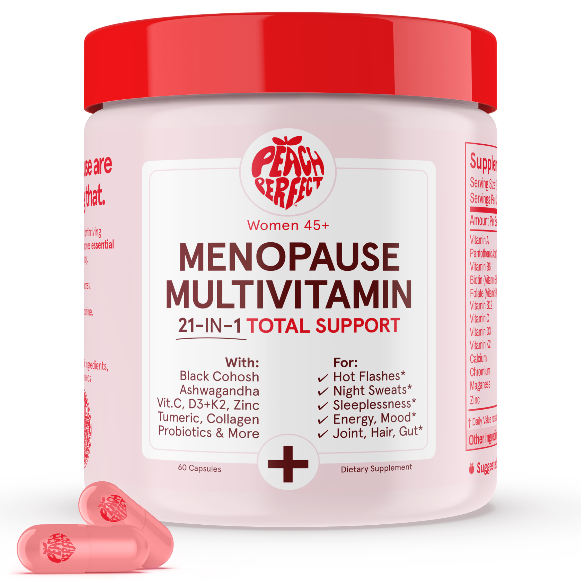 Menopause multivitamin container with red lid and white label on a white background