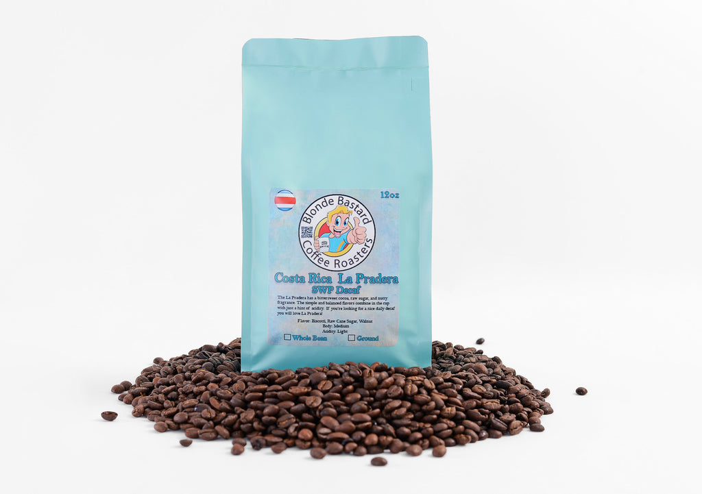 Blue coffee bag with branding on a white background
