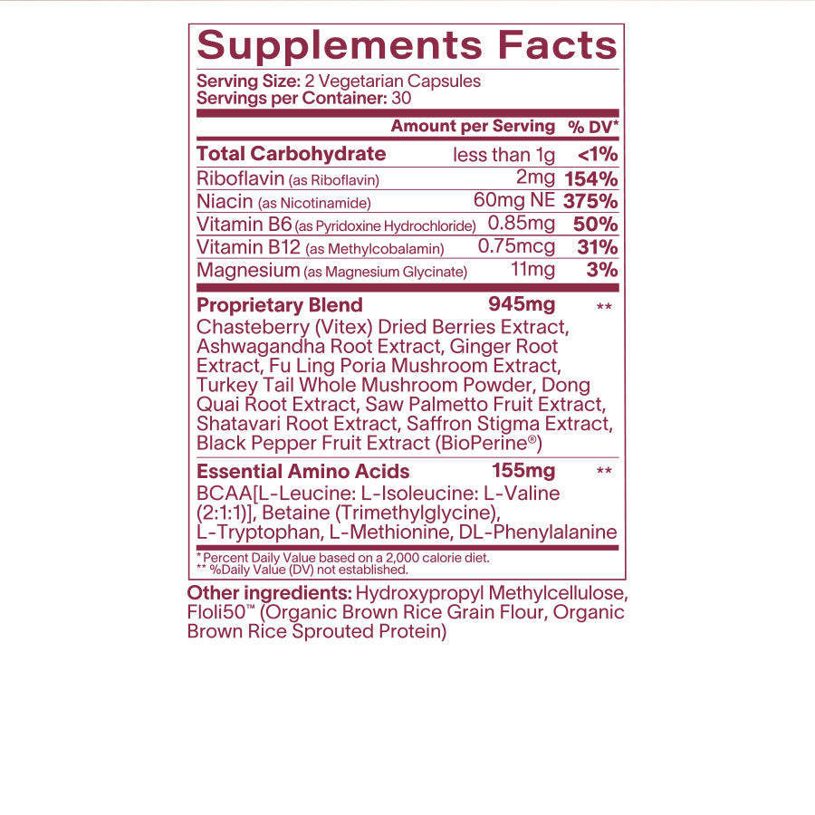 Supplement label with detailed nutritional information on a white background