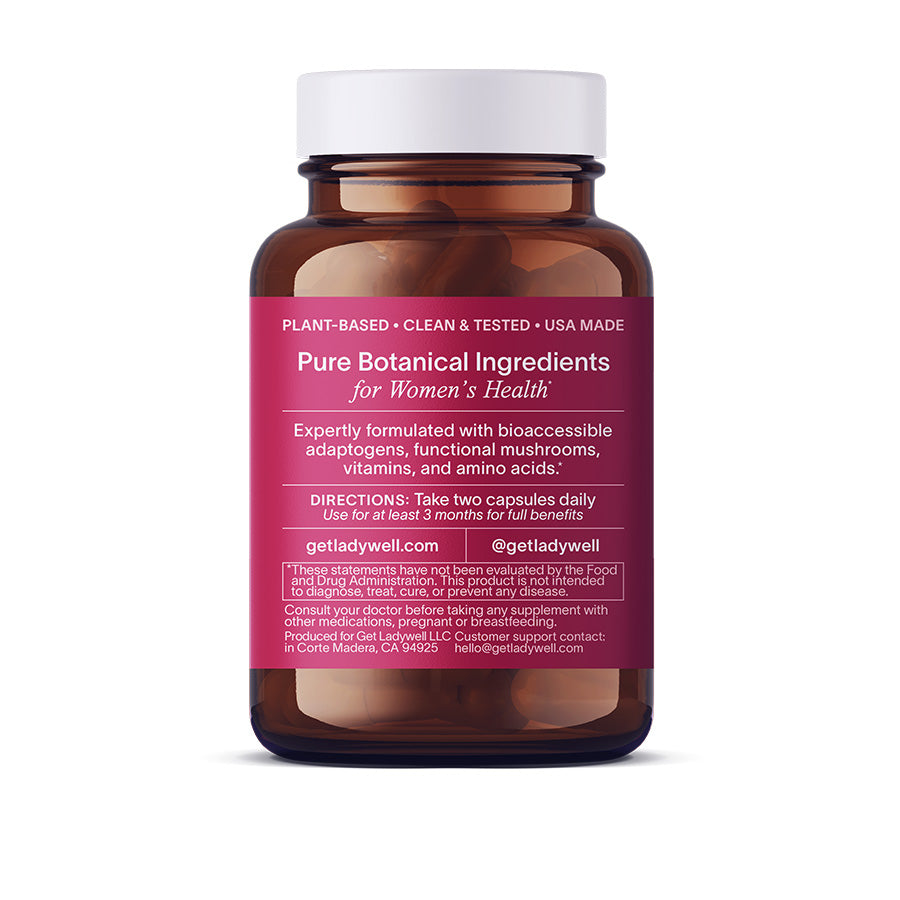 Brown supplement bottle with a purple label on a white background