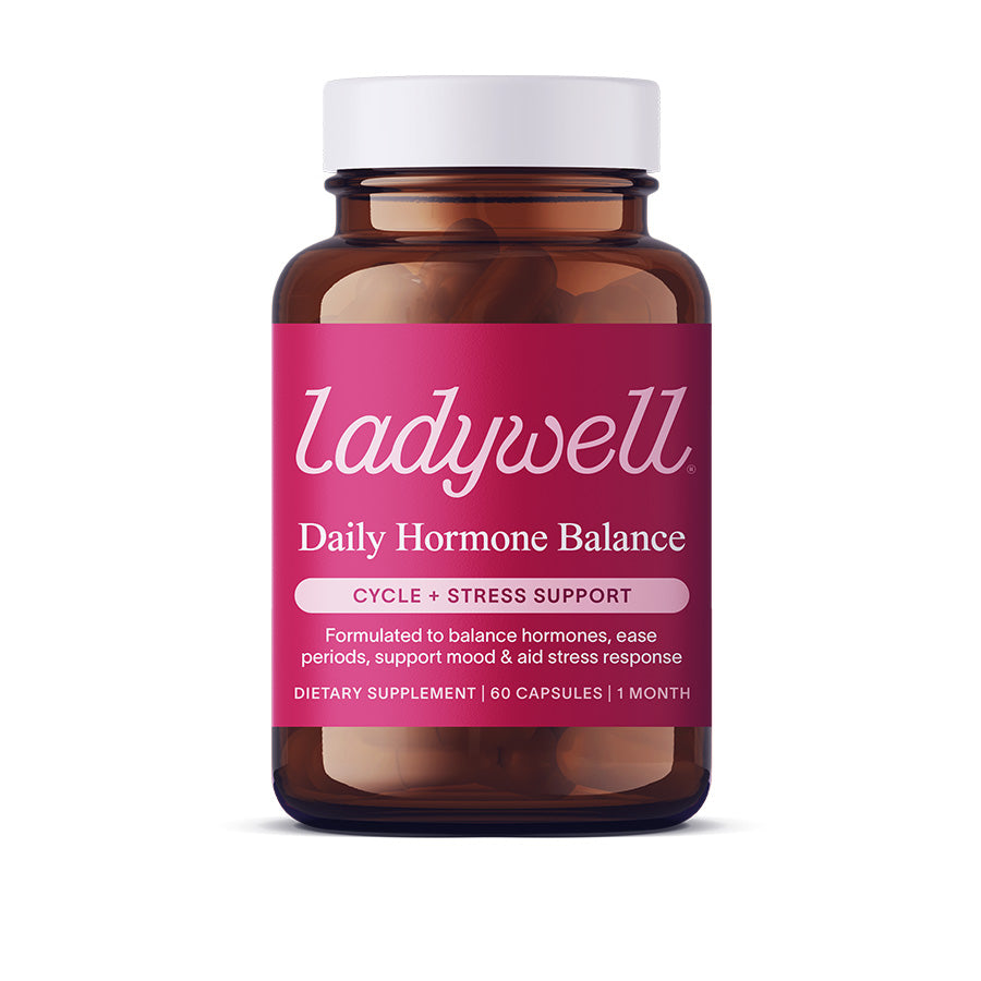 Supplement bottle labeled 'ladywell Daily Hormone Balance' on a white background