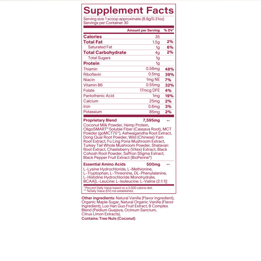 Supplement facts label with detailed nutritional information on a white background