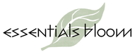 Logo for 'essentials bloom' with a leaf design on a white background