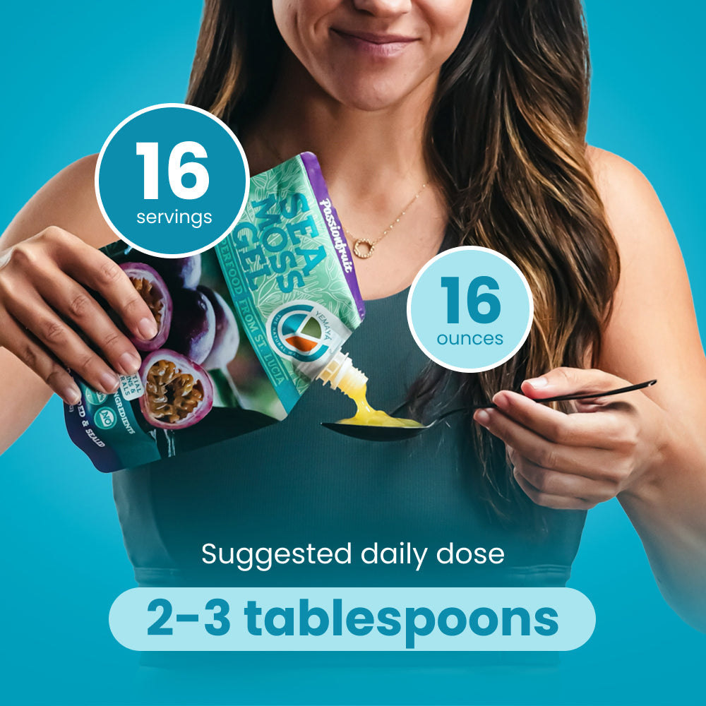 Woman pouring a supplement into a spoon with text about servings and dosages on a blue background