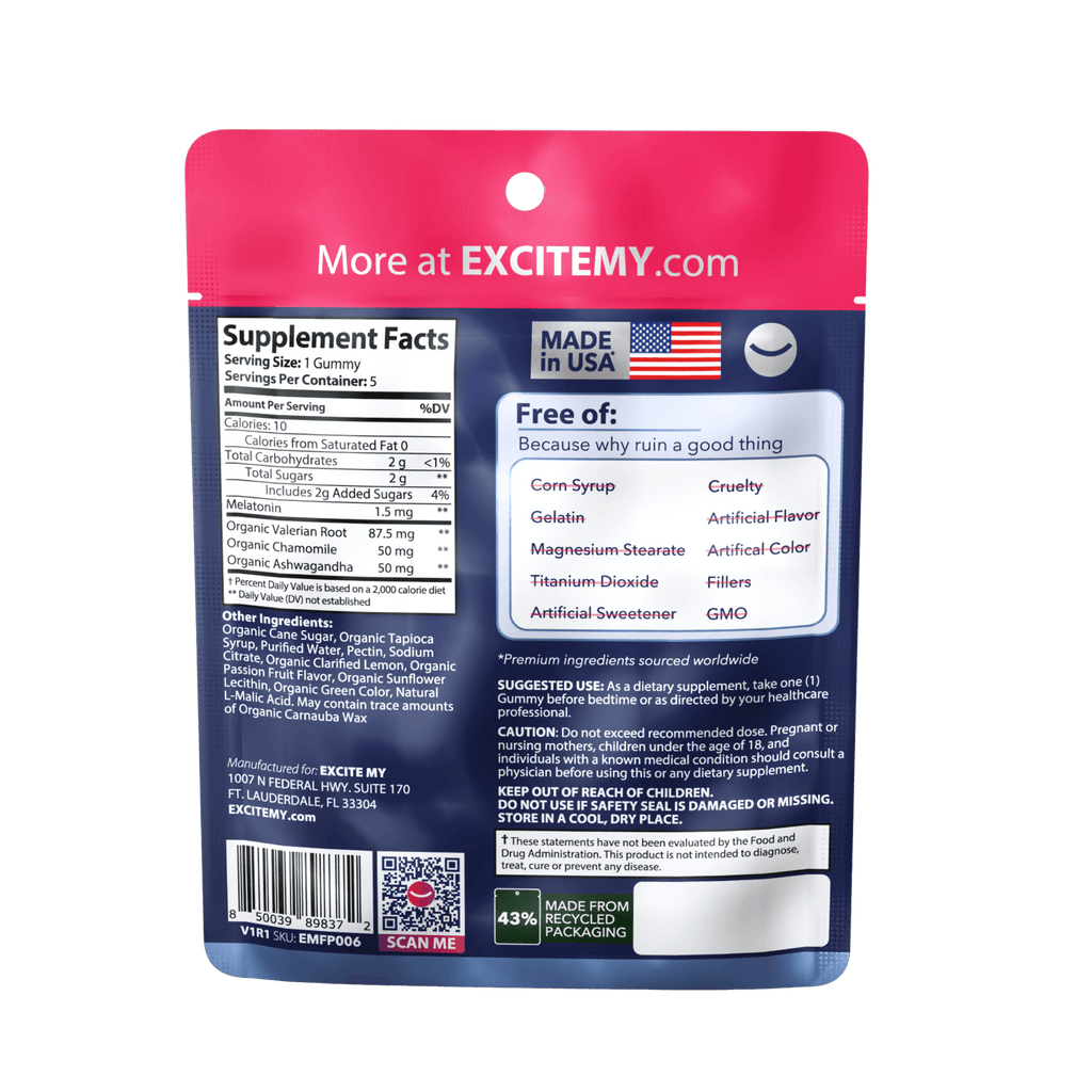 Back of a supplement package with branding and nutritional information on a black background