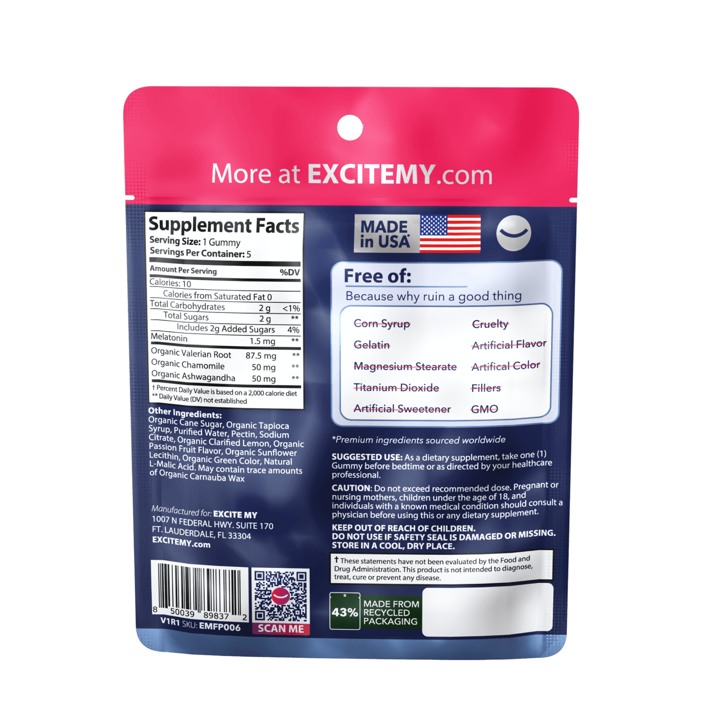 Back of a supplement package with branding and nutritional information on a black background