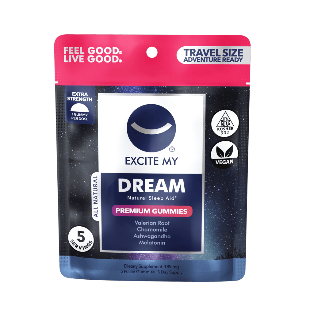 Package of Excite My Dream natural sleep aid gummies on a black background