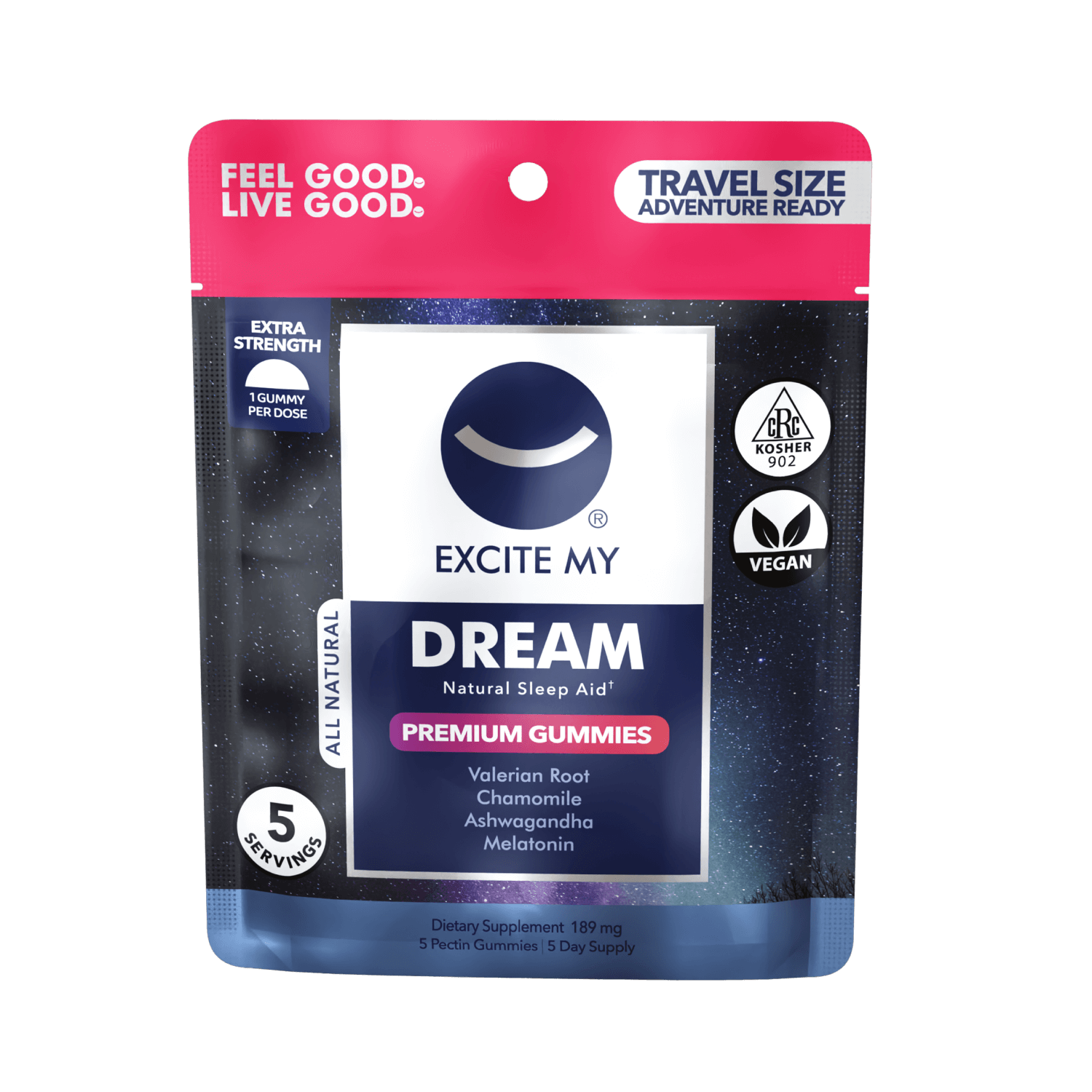 Package of Excite My Dream natural sleep aid gummies on a black background