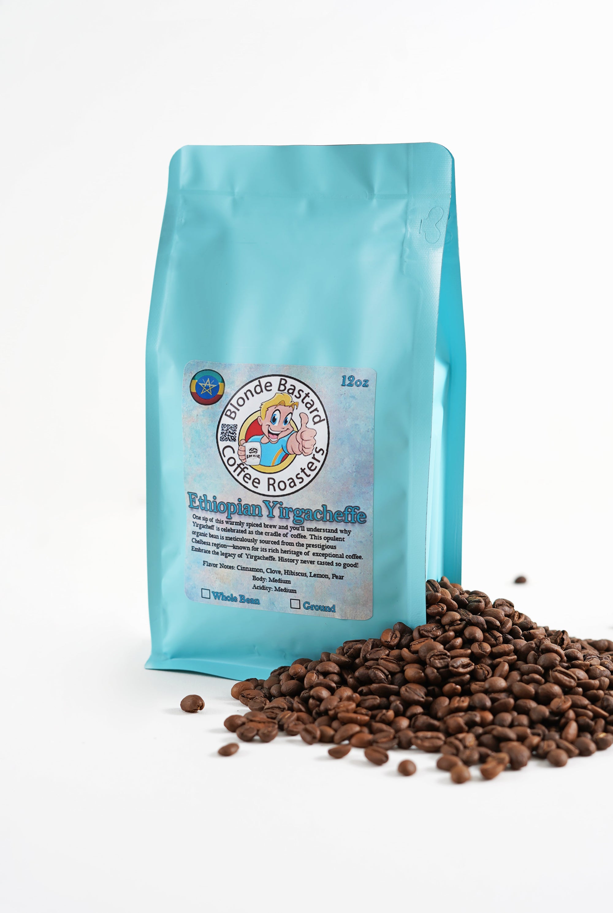 Turquoise coffee bag with brand logo and text, surrounded by coffee beans on a white background