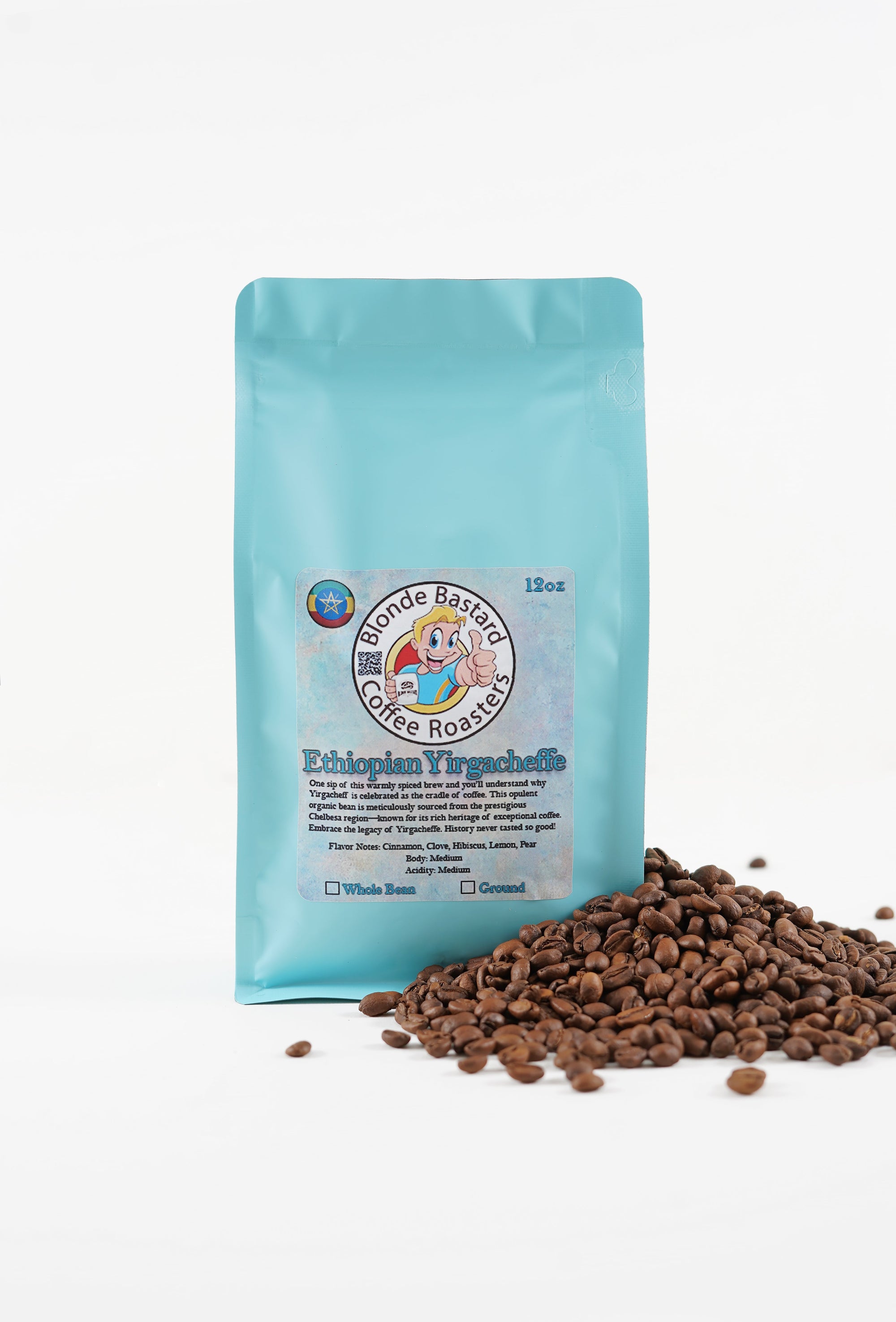 Blue coffee bag labeled 'Blonde Bardot Coffee Roasters' with coffee beans on a white background