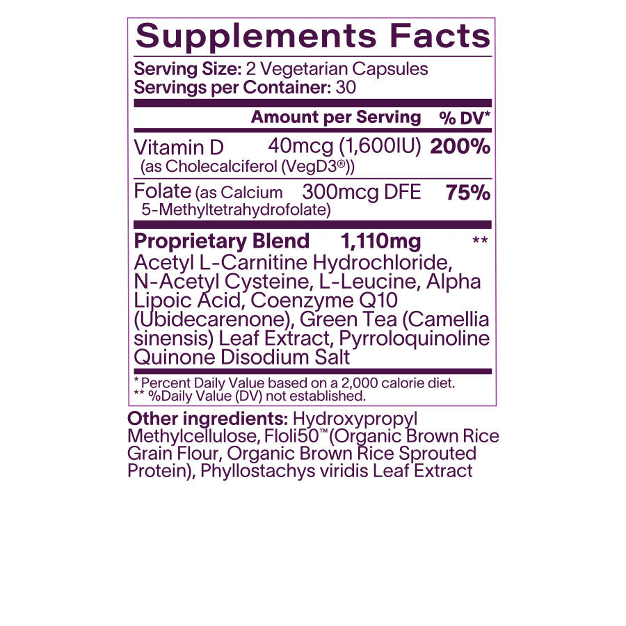 Supplement facts label with detailed nutritional information on a white background