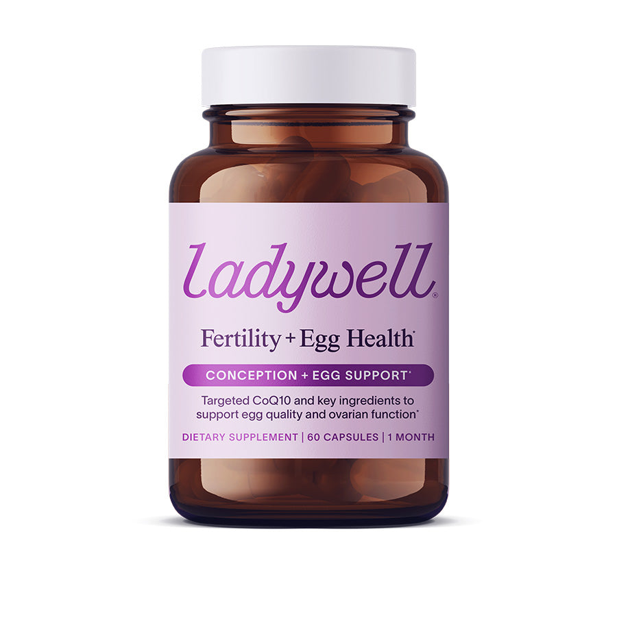 Supplement bottle labeled 'ladywell' for fertility and egg health on a white background