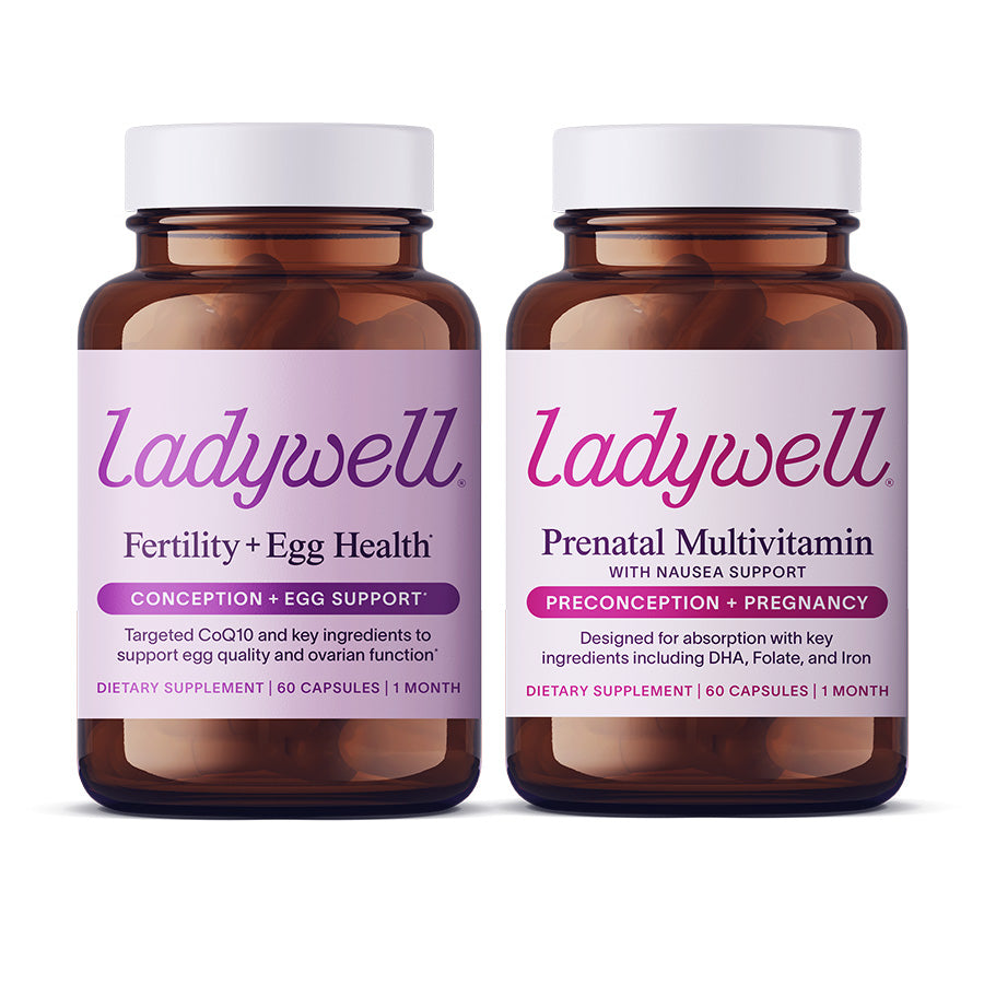 Two bottles of Ladywell supplements on a white background