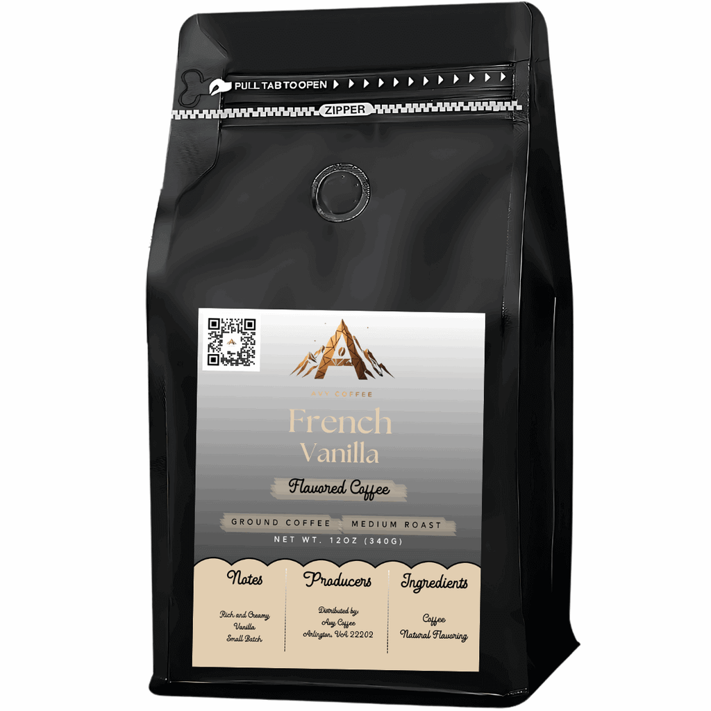 Black coffee bag with 'French Vanilla' flavor label on a white background