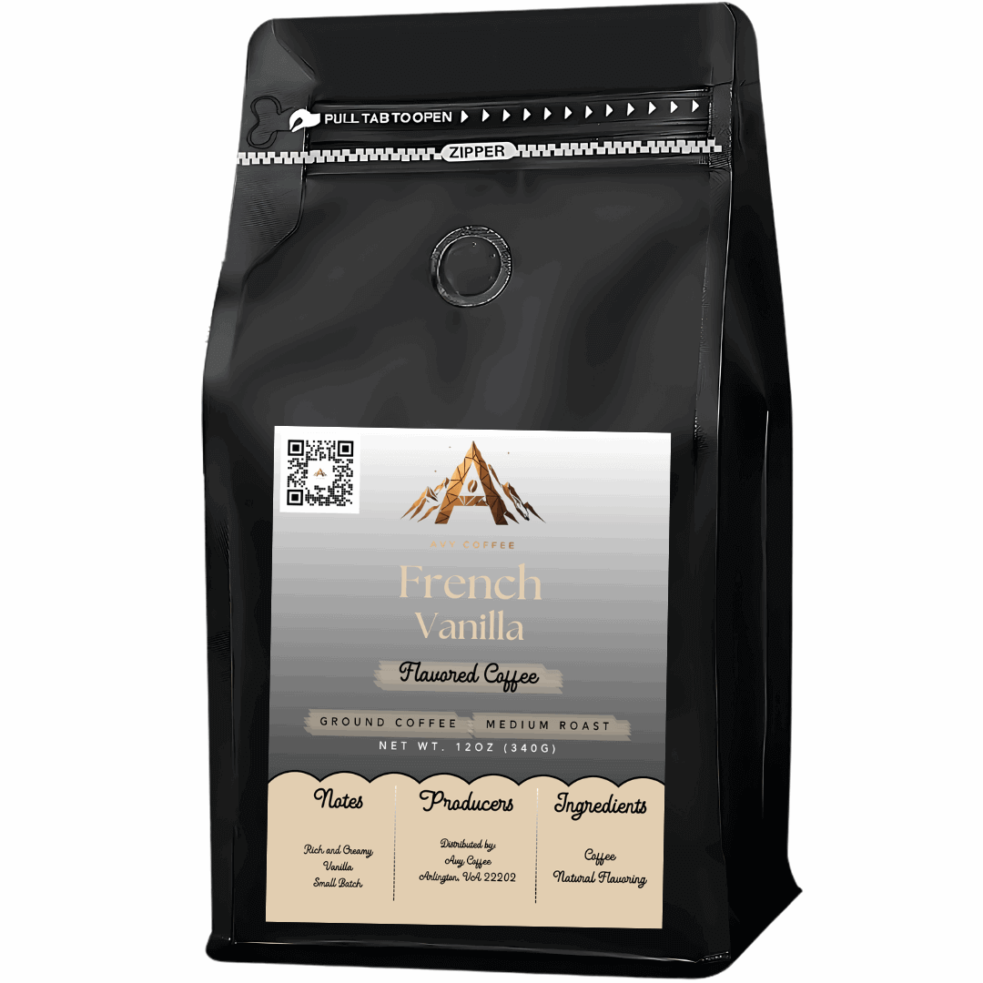 Black coffee bag with 'French Vanilla' flavor label on a white background