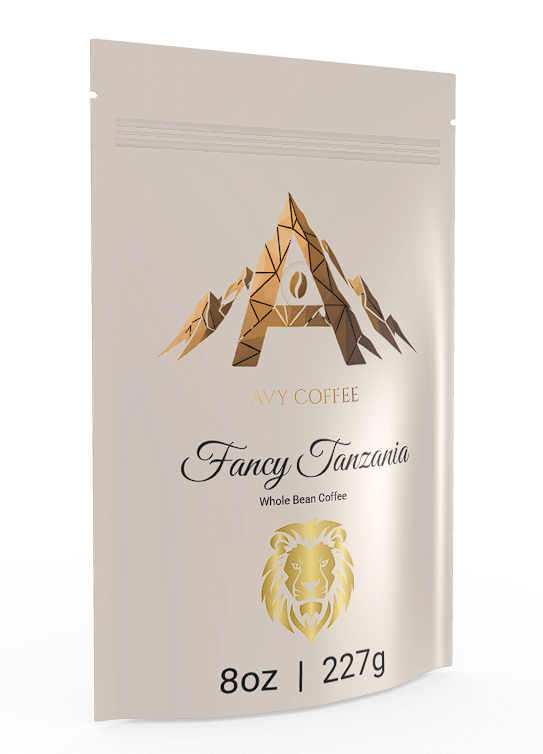 Coffee package labeled 'Fancy Tanzania' with a logo on a white background