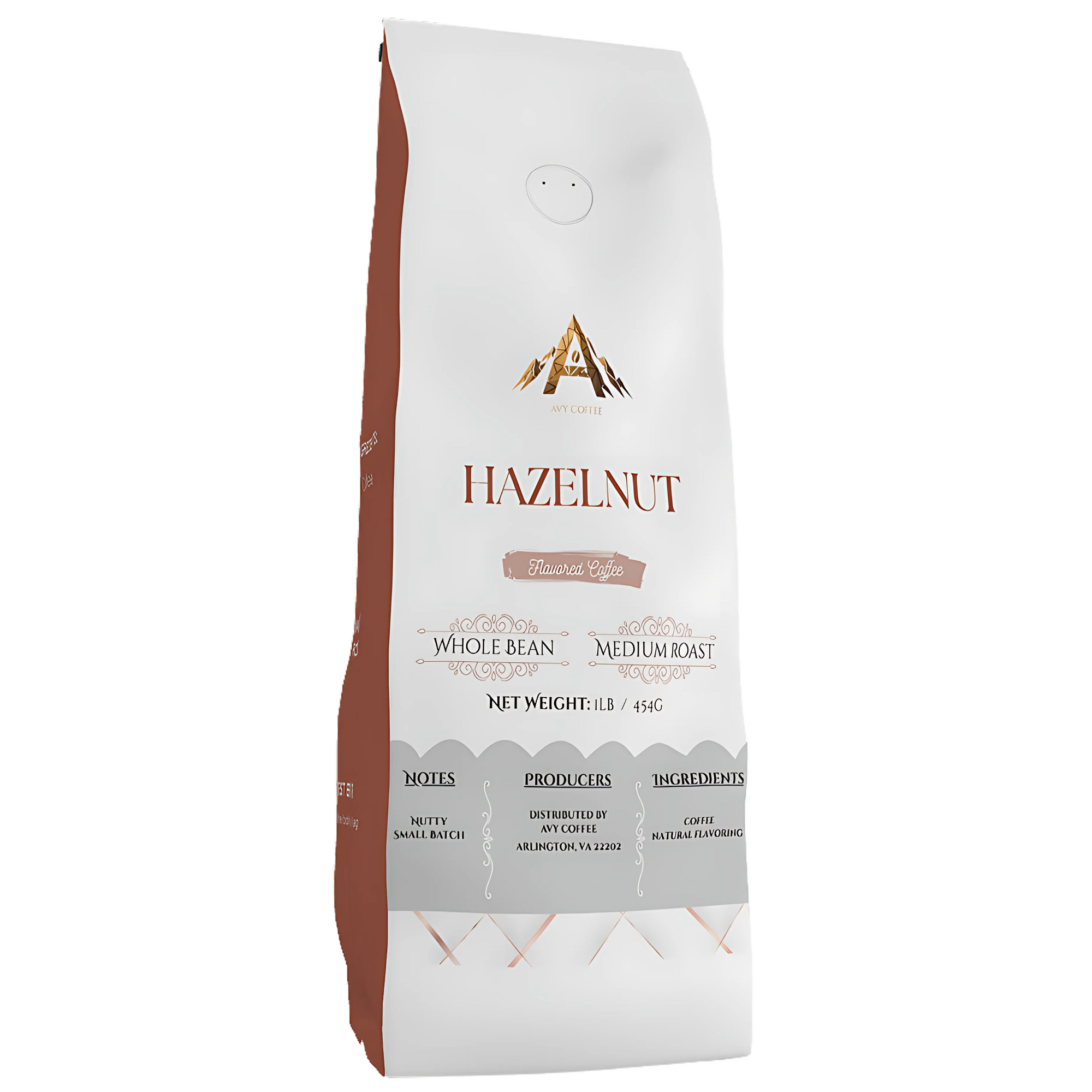 Hazelnut coffee bag with brand logo on a white background