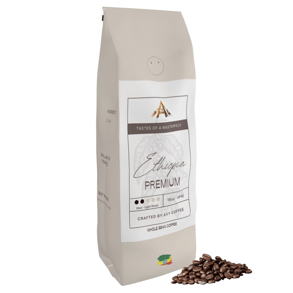 Beige coffee bag with a label on a white background