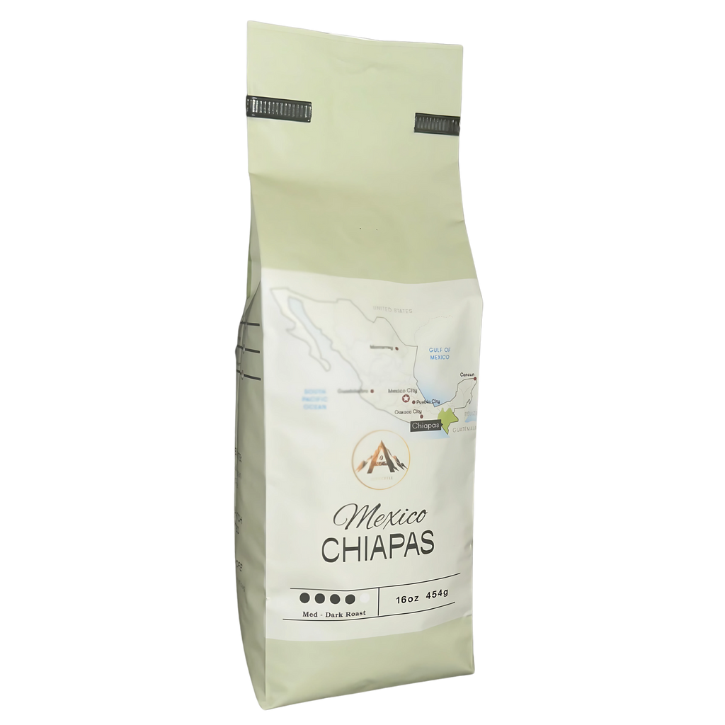 Coffee bag labeled 'Mexico Chiapas' with a map on a white background