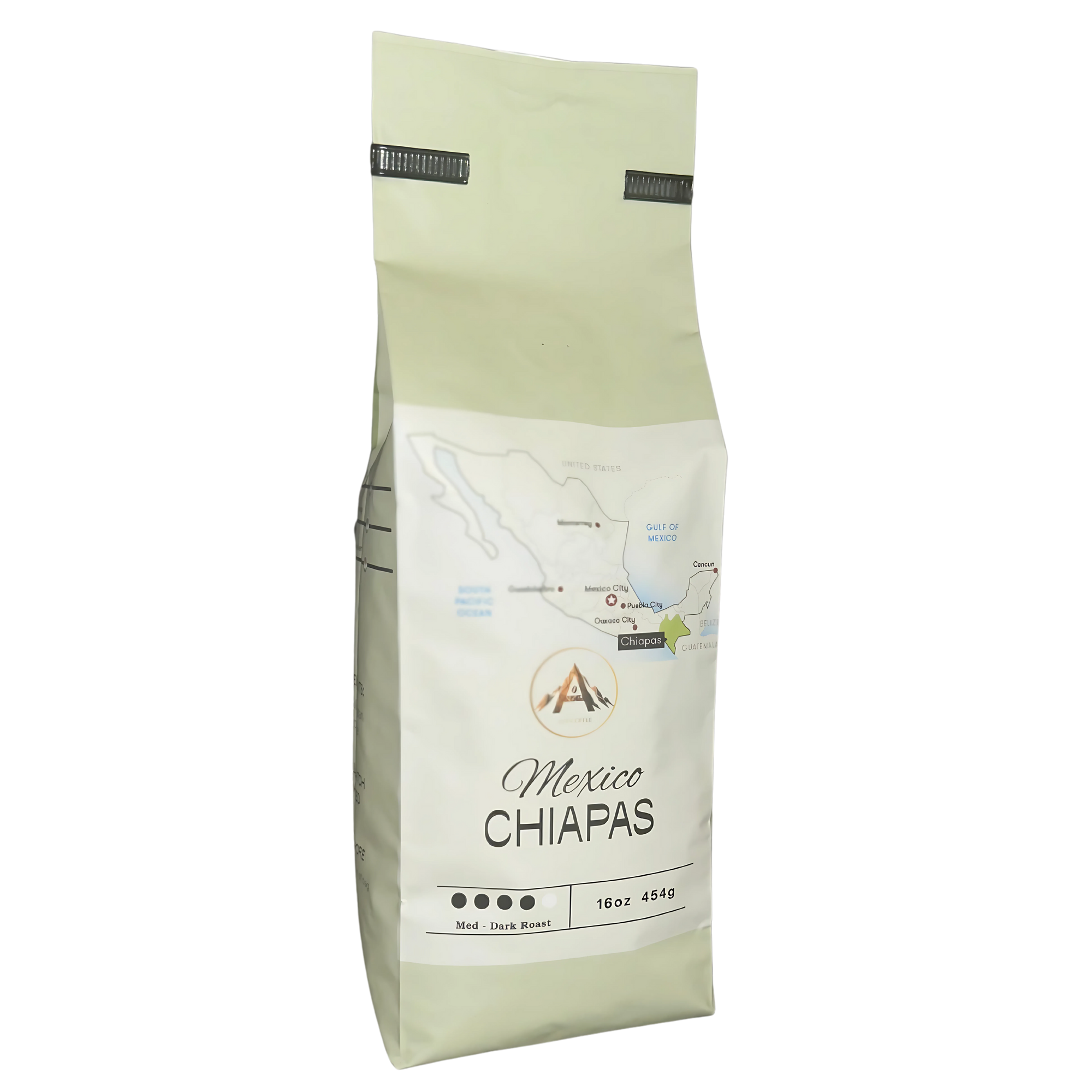 Coffee bag labeled 'Mexico Chiapas' with a map on a white background