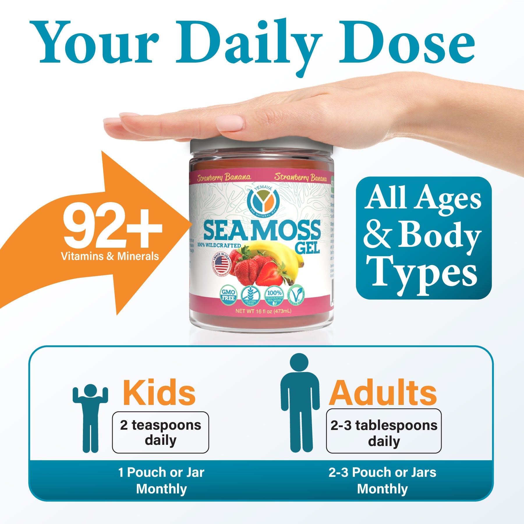 Seamoss gel container with daily dose information for kids and adults on a white background