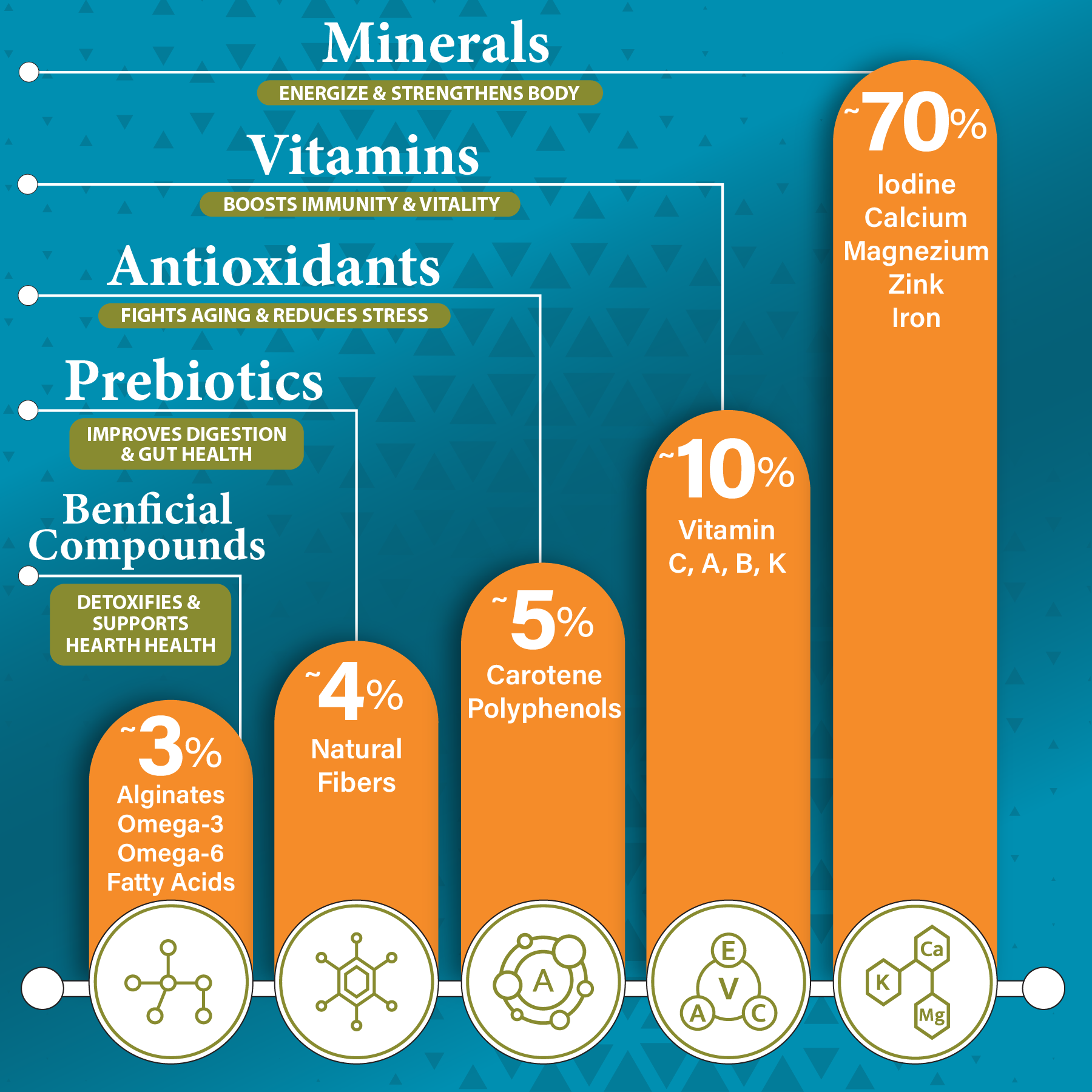 Bar chart detailing the percentage of various vitamins, minerals, and compounds on a blue background.