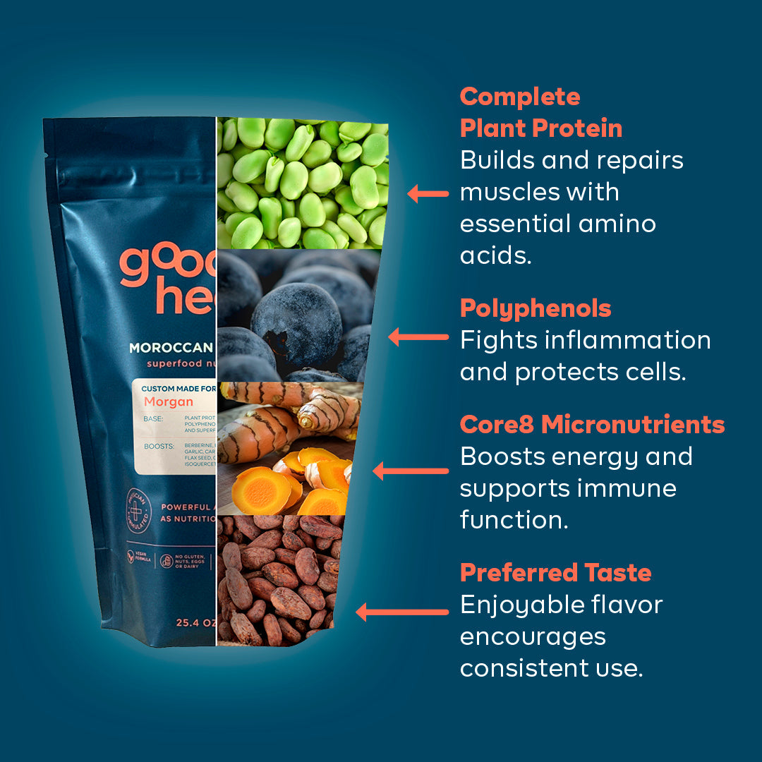 Good Health Moroccan Superfood Mix packaging with nutritional benefits text on a blue background