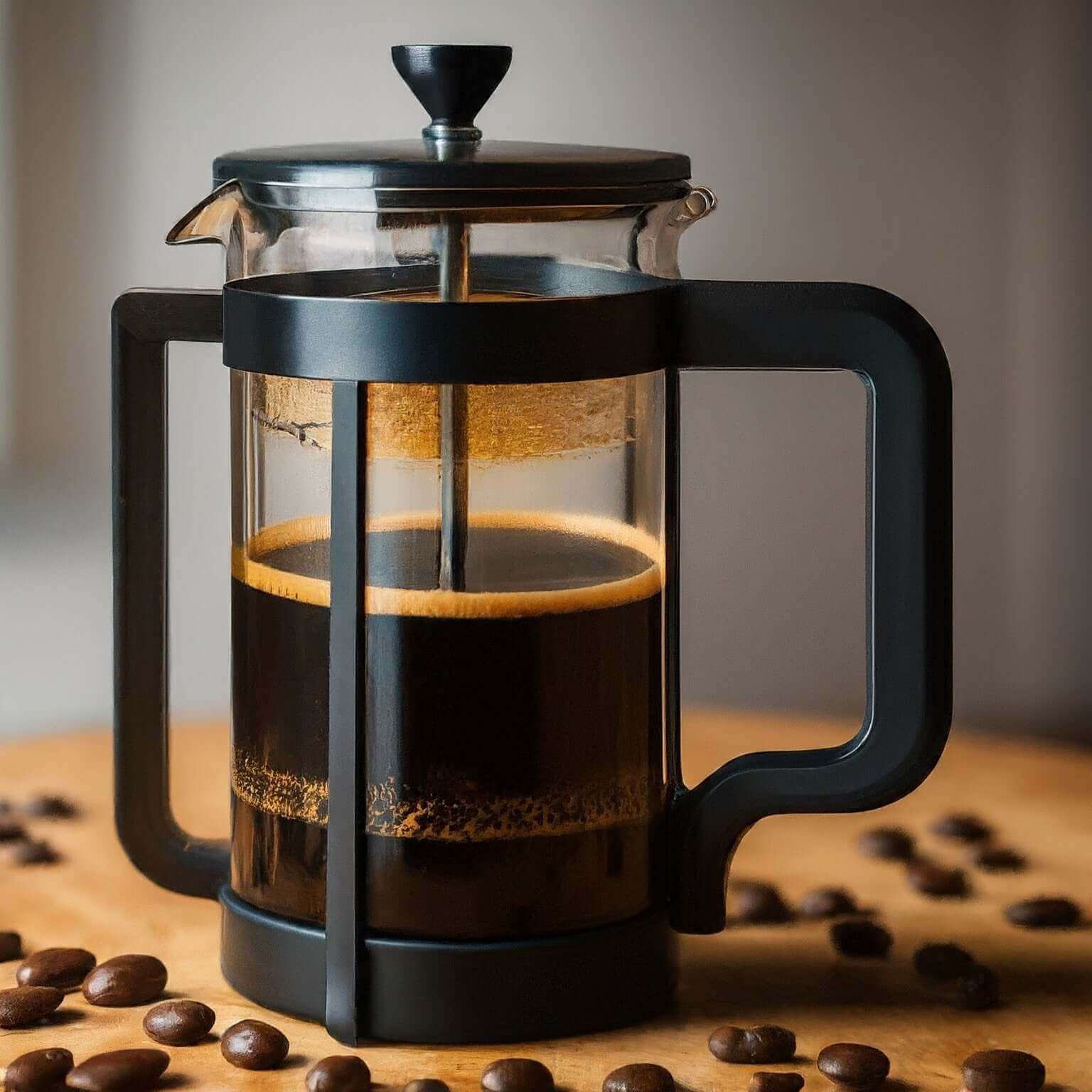French press with coffee and coffee beans on a wooden surface